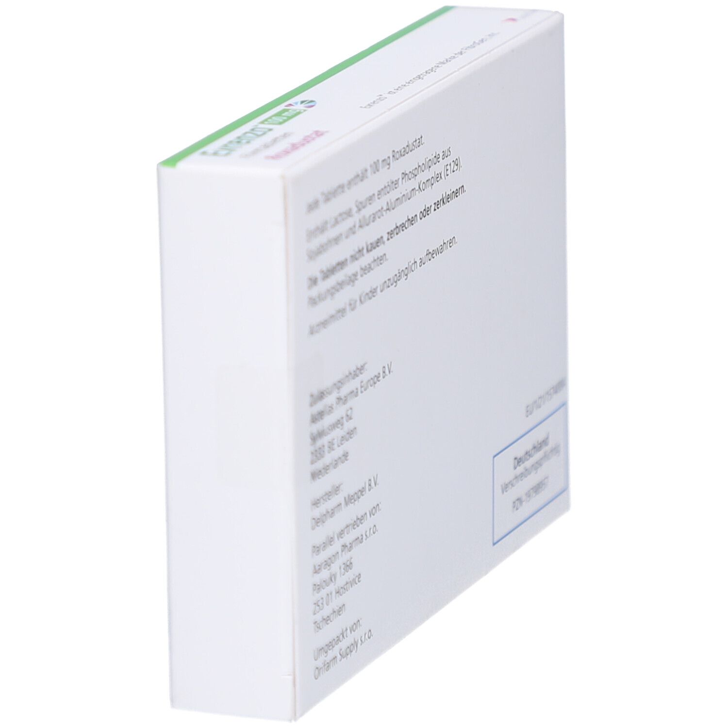 Faltschachtel-Rückseite in Schrägansicht. Text: Zusammensetzung, Hinweise, Hersteller, Importeur, PZN-19798957, EU-Zulassung. Grün umrandet.