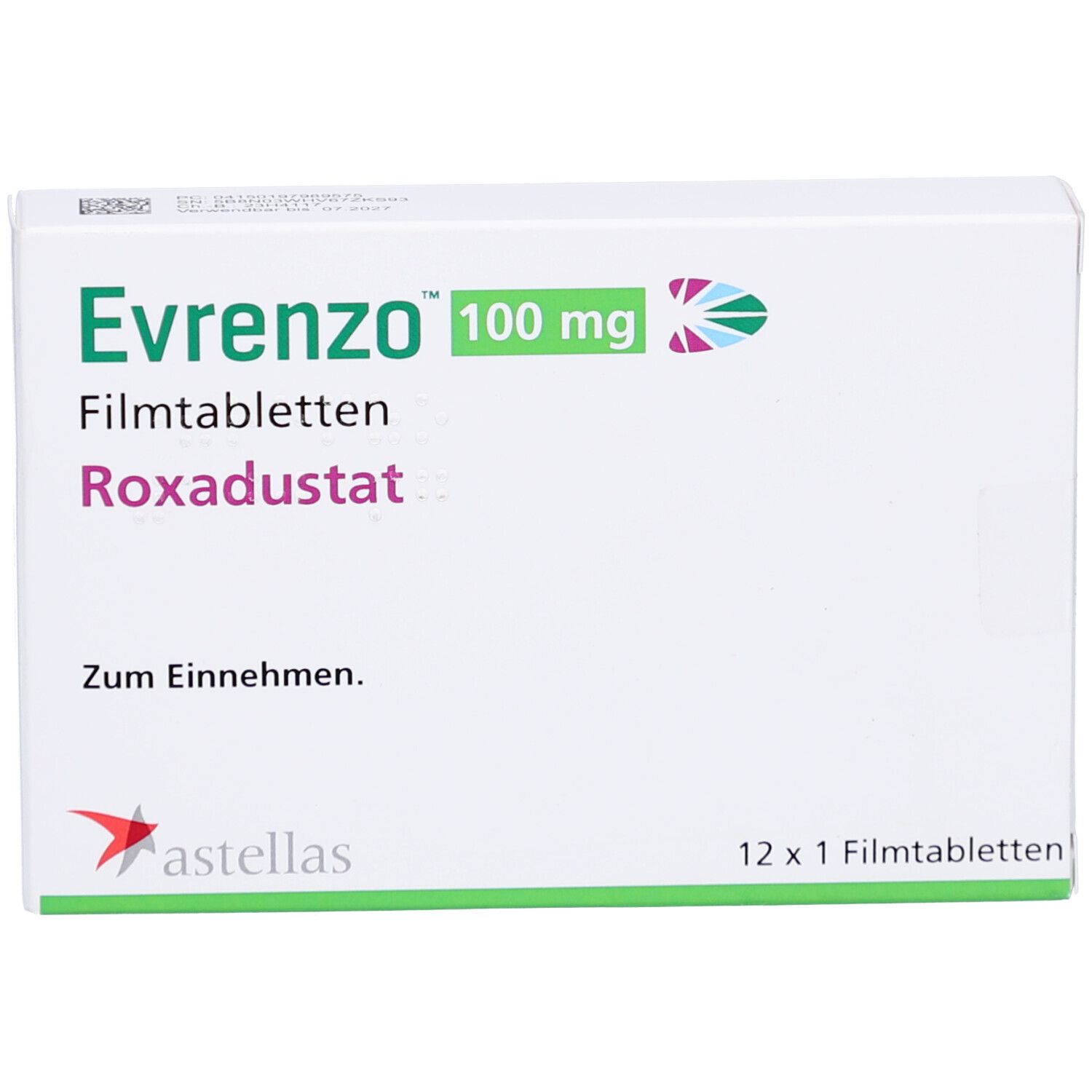 Weiße Faltschachtel mit "Evrenzo 100 mg Filmtabletten". Text: Roxadustat, Zum Einnehmen. Astellas Logo. 12 x 1 Filmtabletten.