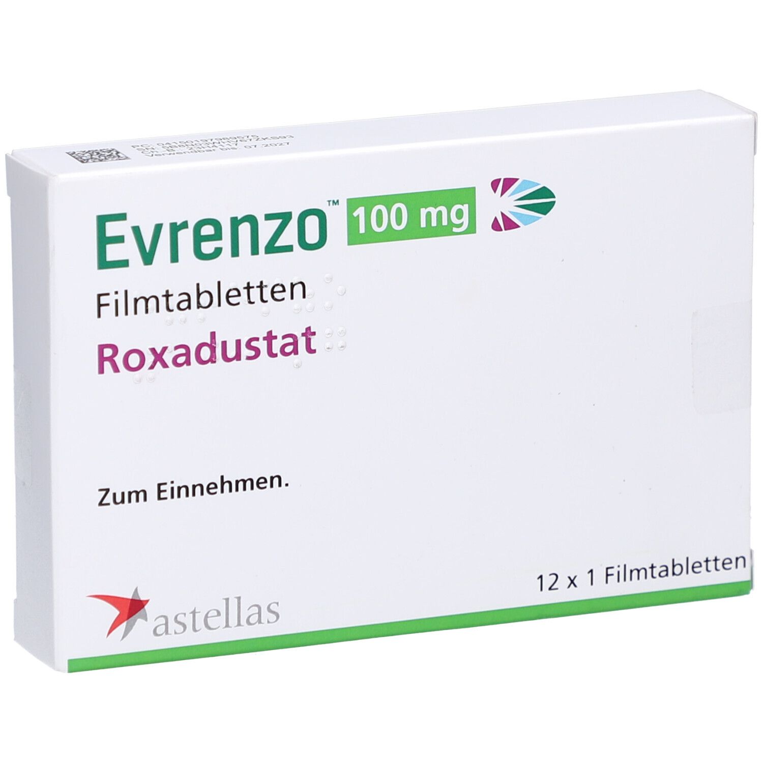 Weiße Faltschachtel mit "Evrenzo 100 mg Filmtabletten". Text: Roxadustat, Zum Einnehmen. Astellas Logo. 12 x 1 Filmtabletten.