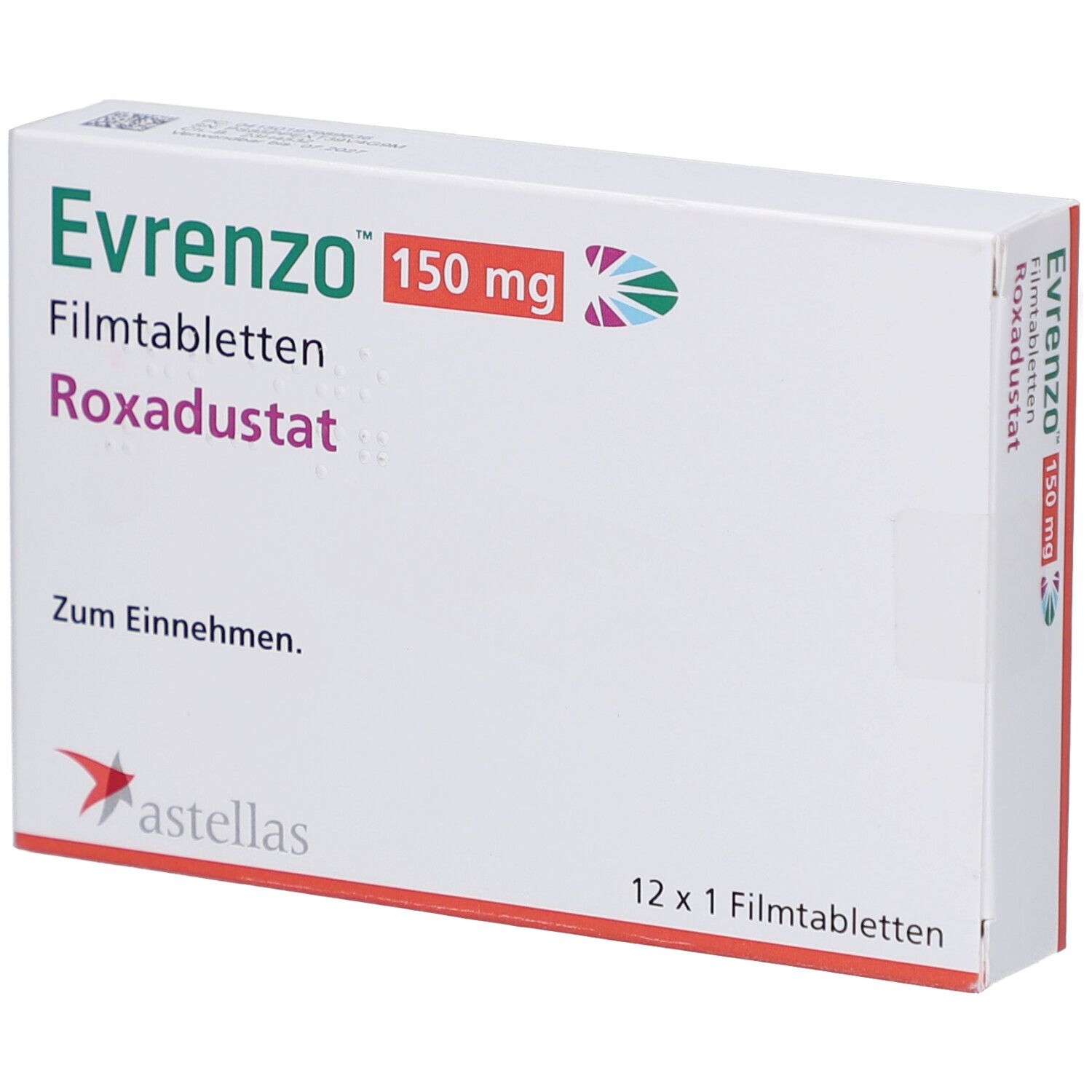 Schachtel mit EVRENZO 150 mg Filmtabletten. Aufschrift: Roxadustat, 12 x 1 Filmtabletten. Astellas Logo.