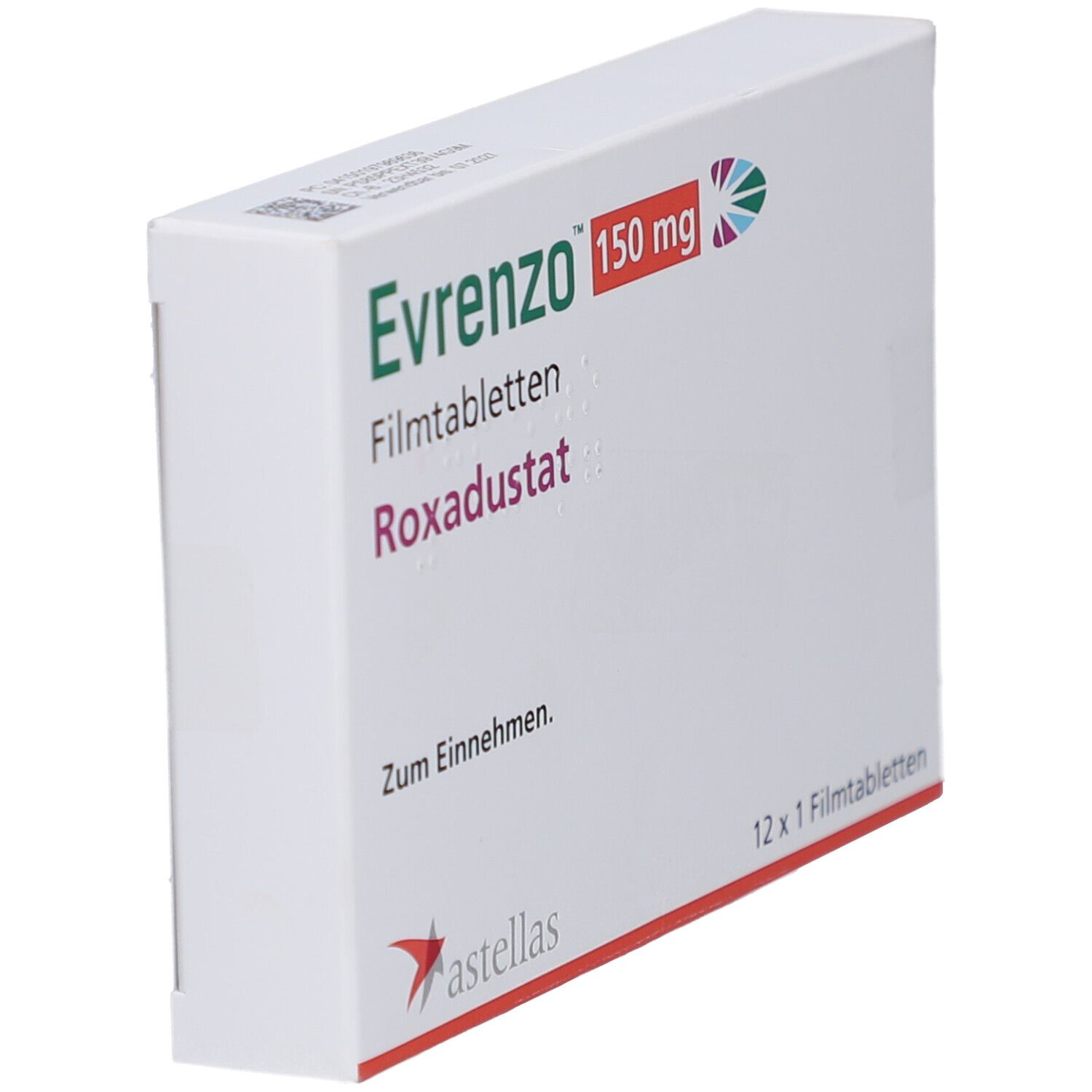 Schachtel mit EVRENZO 150 mg Filmtabletten. Seitenansicht. Aufschrift: Roxadustat, 12 x 1 Filmtabletten. Astellas Logo.