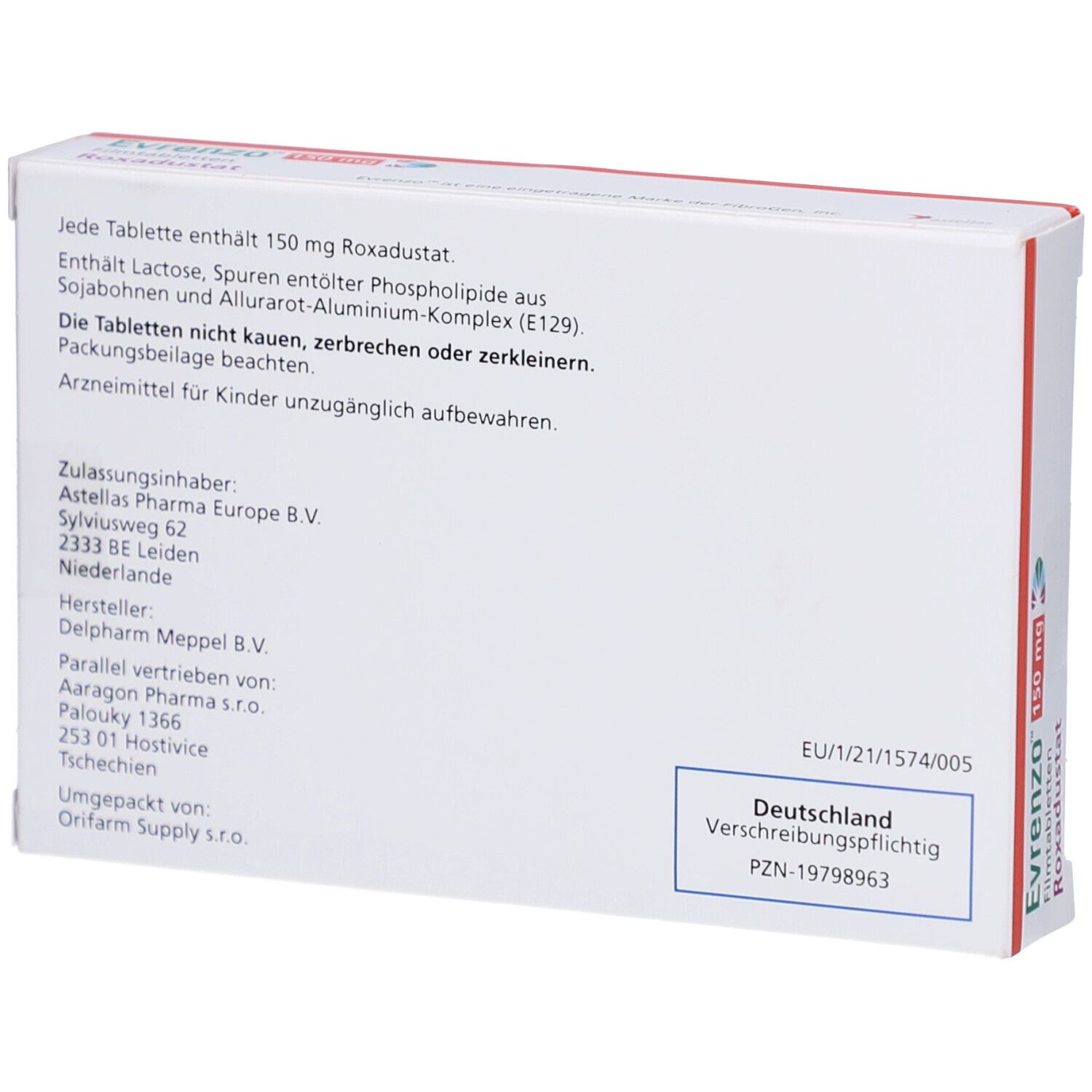 Rückseite der Schachtel mit Informationen zu EVRENZO 150 mg Filmtabletten. Text in Deutsch. Hersteller- und Vertriebsinformationen.