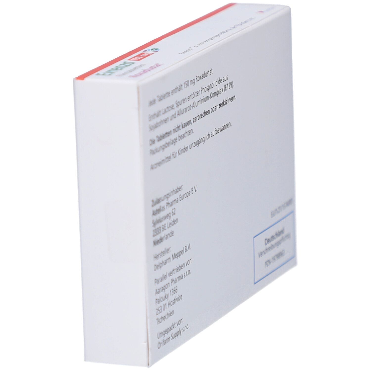 Schachtelrückseite mit Informationen zu EVRENZO 150 mg Filmtabletten. Text in Deutsch. Hersteller- und Vertriebsinformationen.