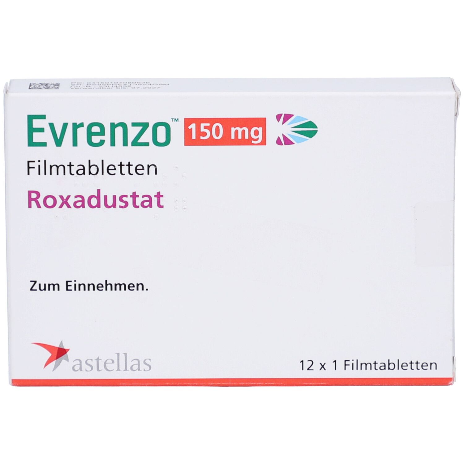 Schachtel mit EVRENZO 150 mg Filmtabletten. Aufschrift: Roxadustat, 12 x 1 Filmtabletten. Astellas Logo.