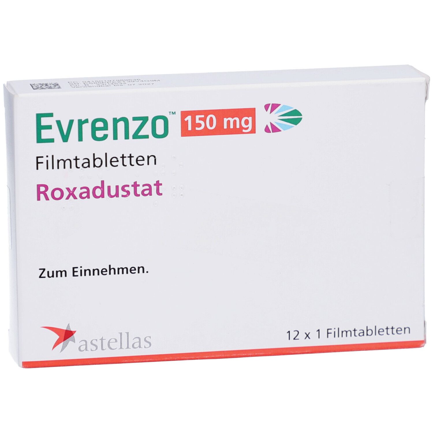 Schachtel mit EVRENZO 150 mg Filmtabletten. Aufschrift: Roxadustat, 12 x 1 Filmtabletten. Astellas Logo.