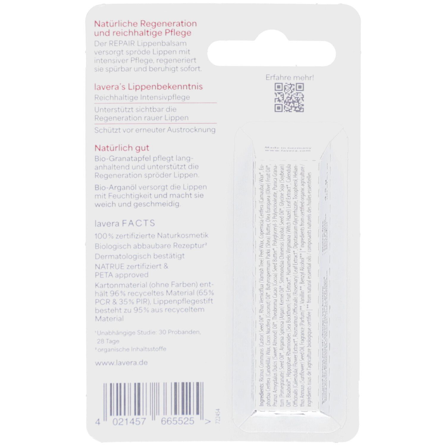 Rückseite der Lippenbalsam-Verpackung. Text in deutscher Sprache. Informationen zu Inhaltsstoffen und Zertifizierungen.