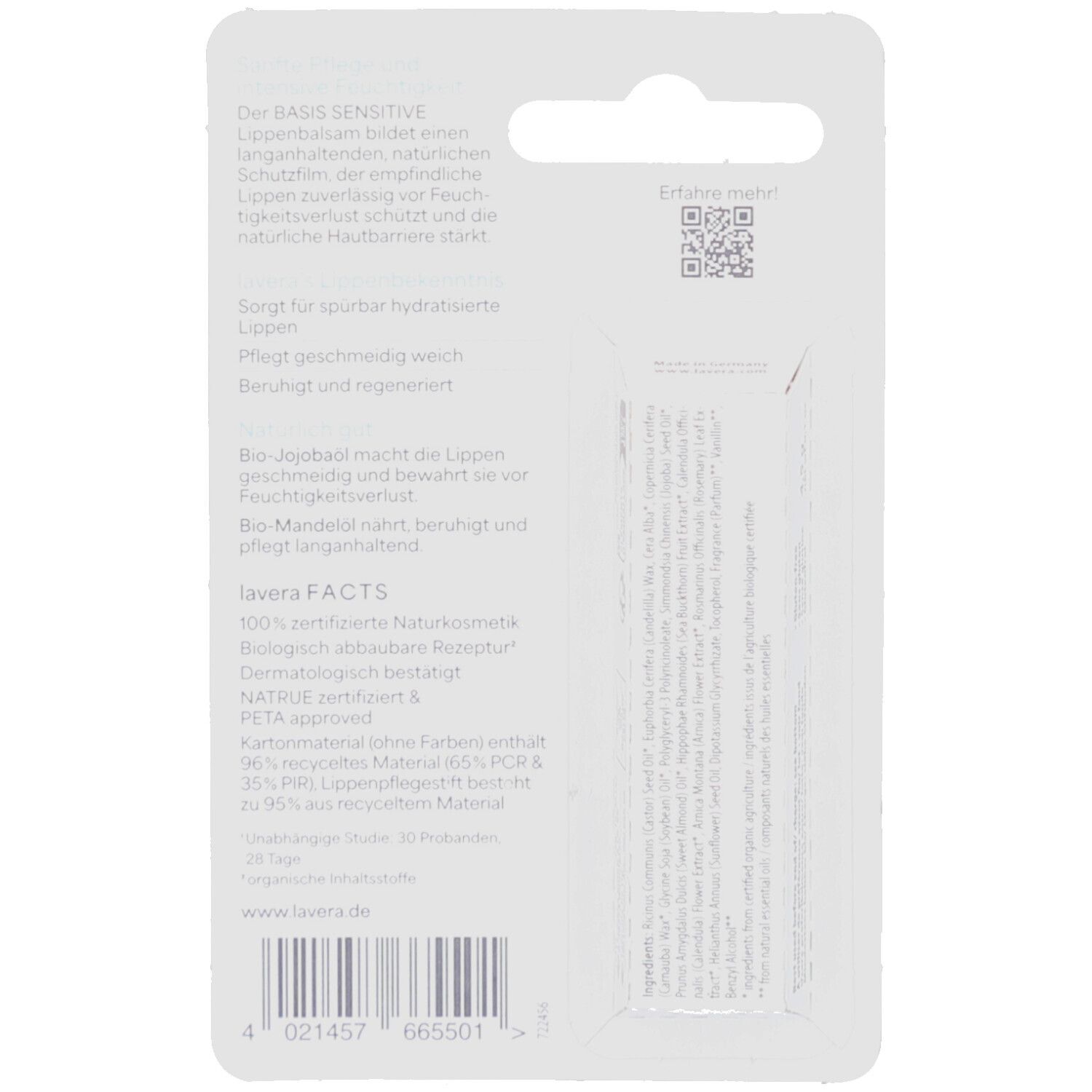 Rückseite der Lippenbalsam-Verpackung. Text: Basis Sensitive, Inhaltsstoffe, lavera Facts. QR-Code und Barcode. Weißer Hintergrund.