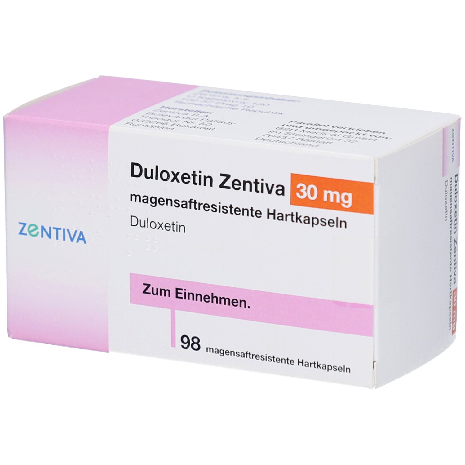 DULOXETIN Zentiva 30 mg magensaftres. Hartkapseln. Weiße Schachtel mit rosa Deckel. Zentiva-Logo. Text: Zum Einnehmen. 98 Hartkapseln.