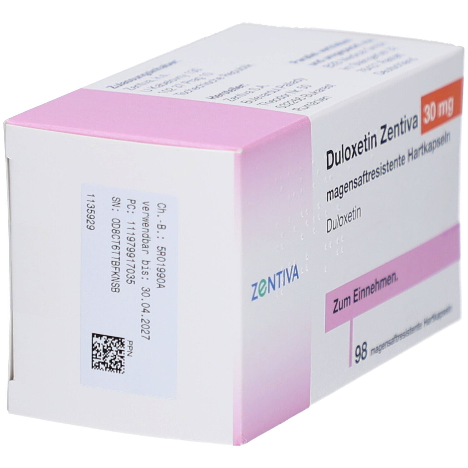 DULOXETIN Zentiva 30 mg Schachtel, weiße Seite mit rosa Deckel. Zentiva-Logo. Text: Zum Einnehmen. Barcode und QR-Code. Aufkleber mit Daten.