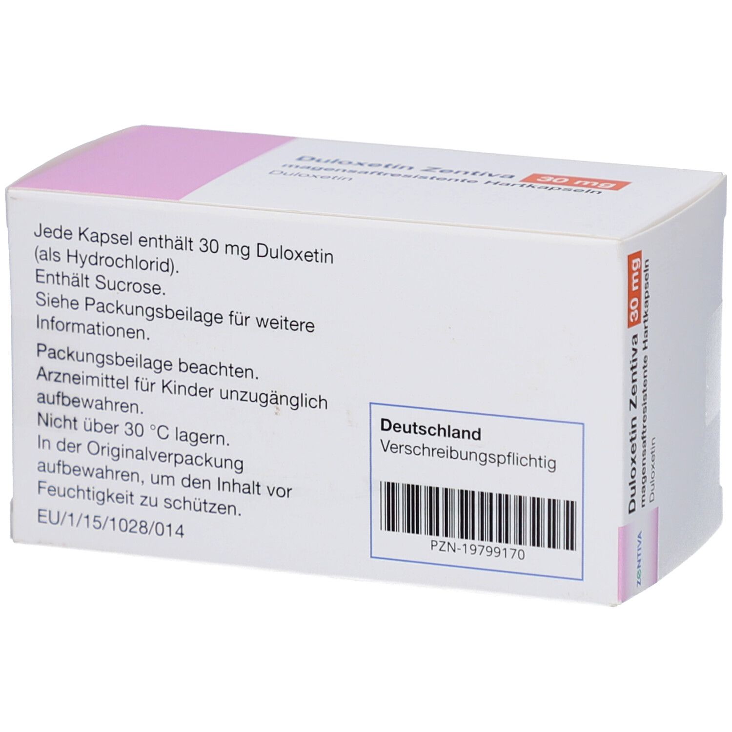 Rückseite der DULOXETIN Zentiva 30 mg Schachtel. Text: Jede Kapsel enthält 30 mg Duloxetin. Deutschland. Verschreibungspflichtig. Barcode.