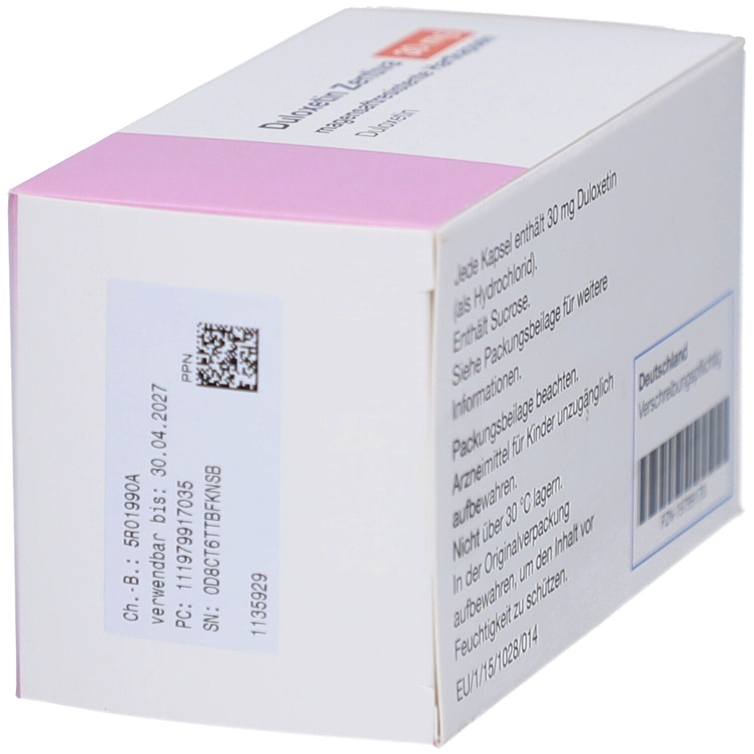 DULOXETIN Zentiva 30 mg Schachtel, Rückseite und Seite. Text: Jede Kapsel enthält 30 mg Duloxetin. Deutschland. Verschreibungspflichtig. Barcode.