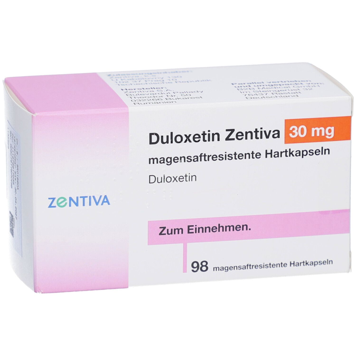 DULOXETIN Zentiva 30 mg magensaftres. Hartkapseln. Weiße Schachtel mit rosa Deckel. Zentiva-Logo. Text: Zum Einnehmen. 98 Hartkapseln.