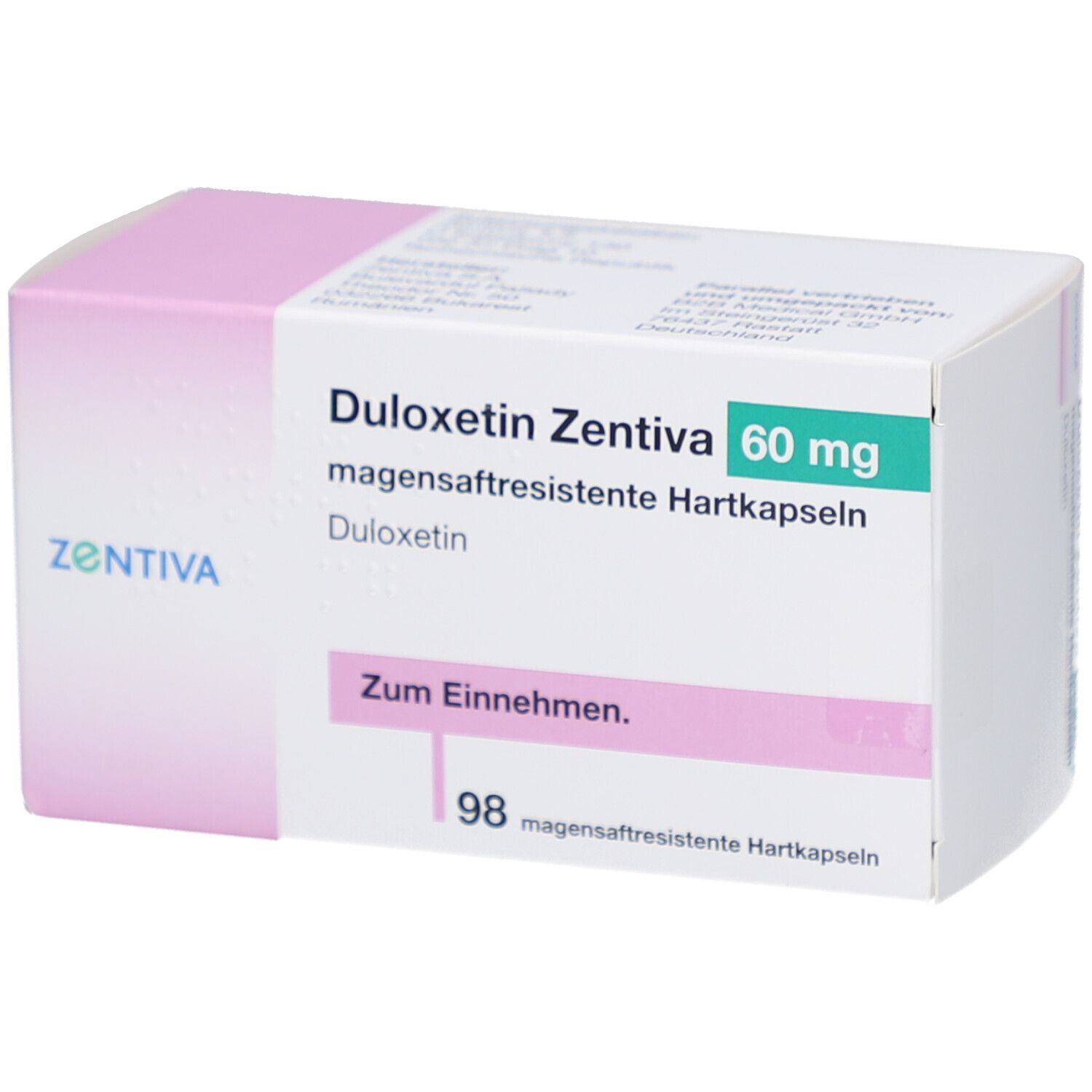 DULOXETIN Zentiva 60 mg Hartkapseln. Weiße Schachtel mit rosa Akzenten. Text: Zum Einnehmen, 98 magensaftresistente Hartkapseln.