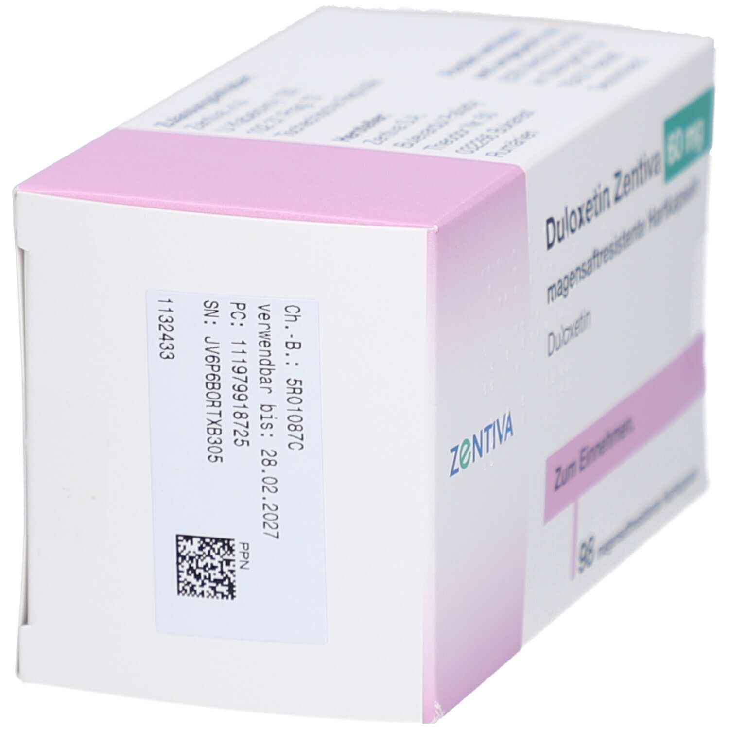 DULOXETIN Zentiva 60 mg Schachtel, Seitenansicht. Text: Ch.B., Verwendbar bis, PC, SN, PPN, Barcode und QR-Code.
