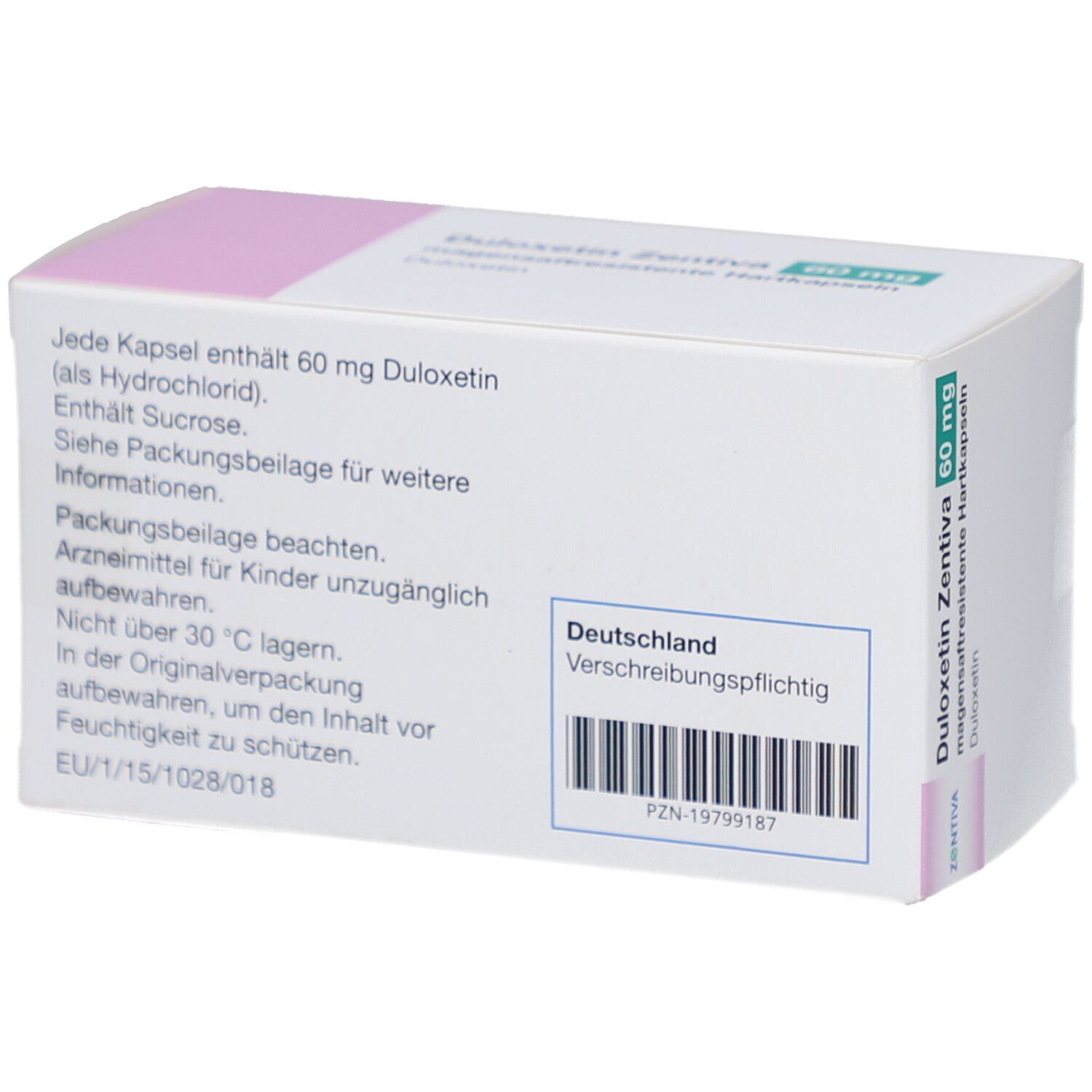 Rückseite der DULOXETIN Zentiva 60 mg Schachtel. Text: Enthält 60 mg Duloxetin, Deutschland, Verschreibungspflichtig, PZN.