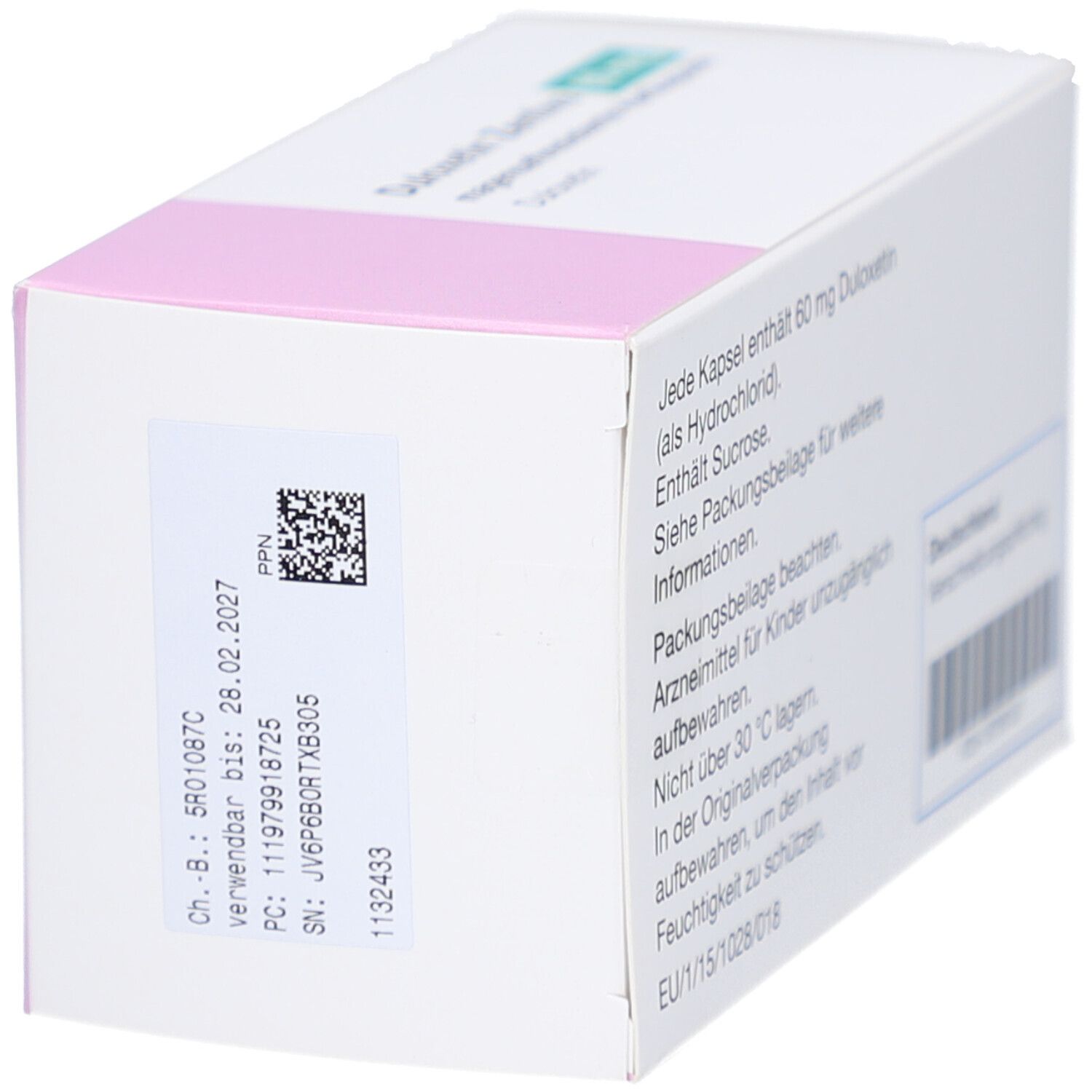 DULOXETIN Zentiva 60 mg Schachtel, Seitenansicht. Text: Ch.B., Verwendbar bis, PC, SN, PPN, Barcode und QR-Code.