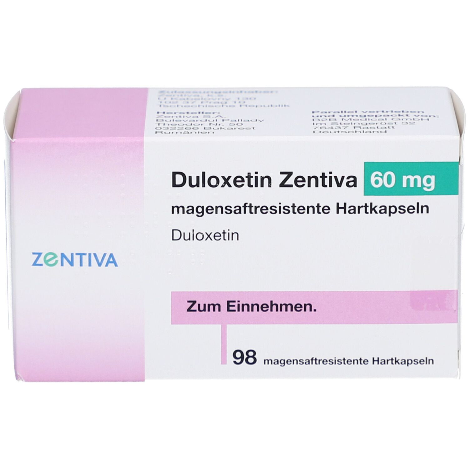 DULOXETIN Zentiva 60 mg Hartkapseln. Weiße Schachtel mit rosa Akzenten. Text: Zum Einnehmen, 98 magensaftresistente Hartkapseln.
