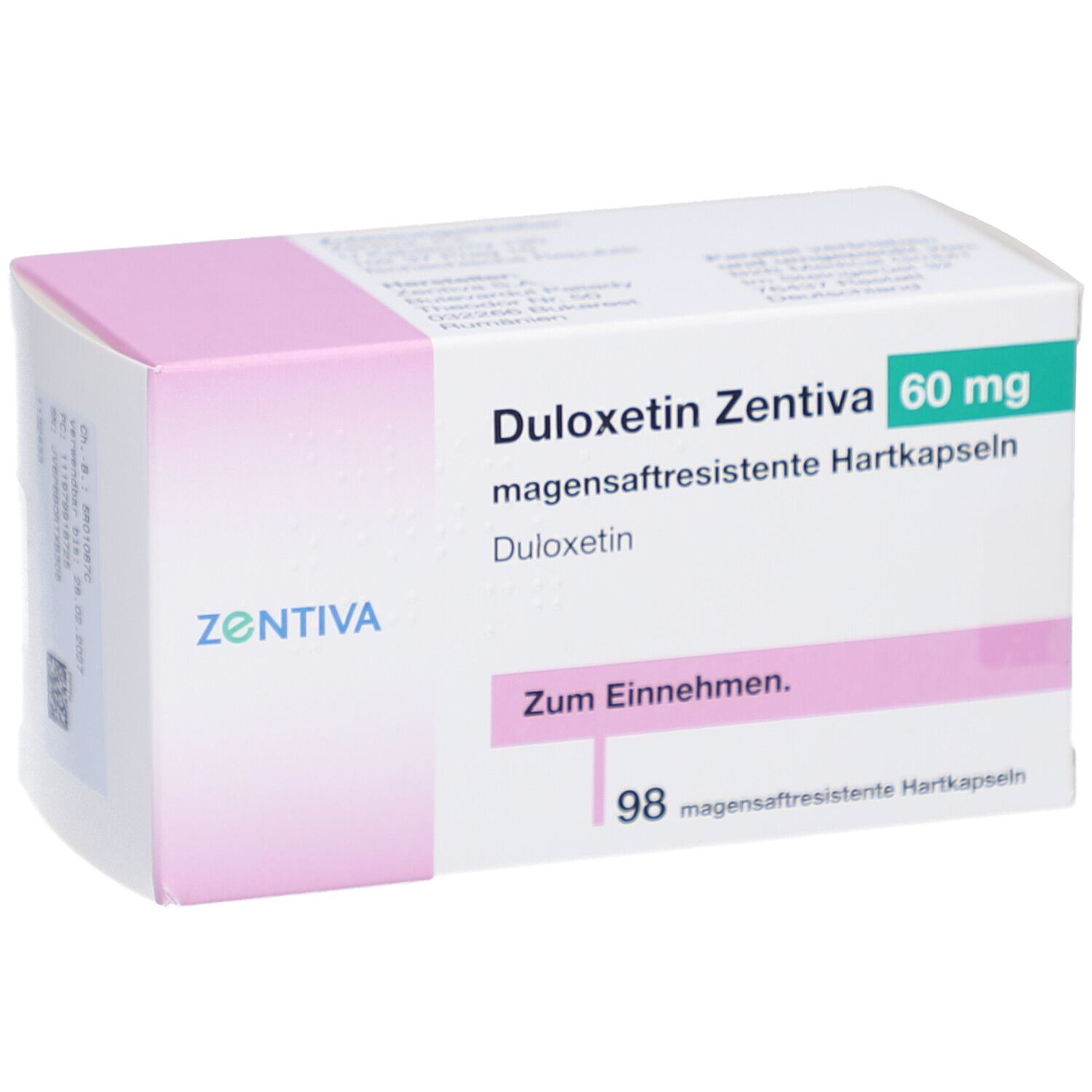 DULOXETIN Zentiva 60 mg Hartkapseln. Weiße Schachtel mit rosa Akzenten. Text: Zum Einnehmen, 98 magensaftresistente Hartkapseln.
