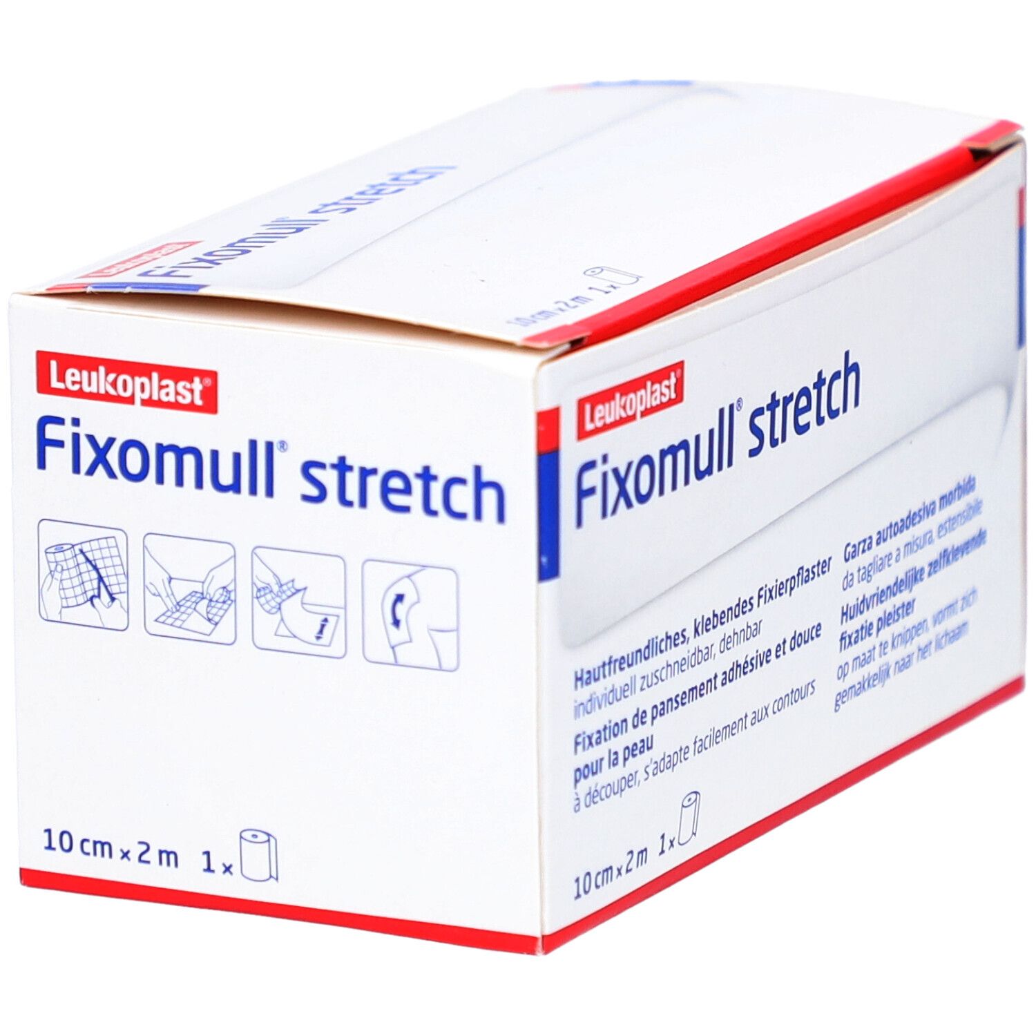 Fixomull stretch Fixierpflasterrolle, 10 cm x 2 m, mit Anwendungshinweisen auf der Verpackung.