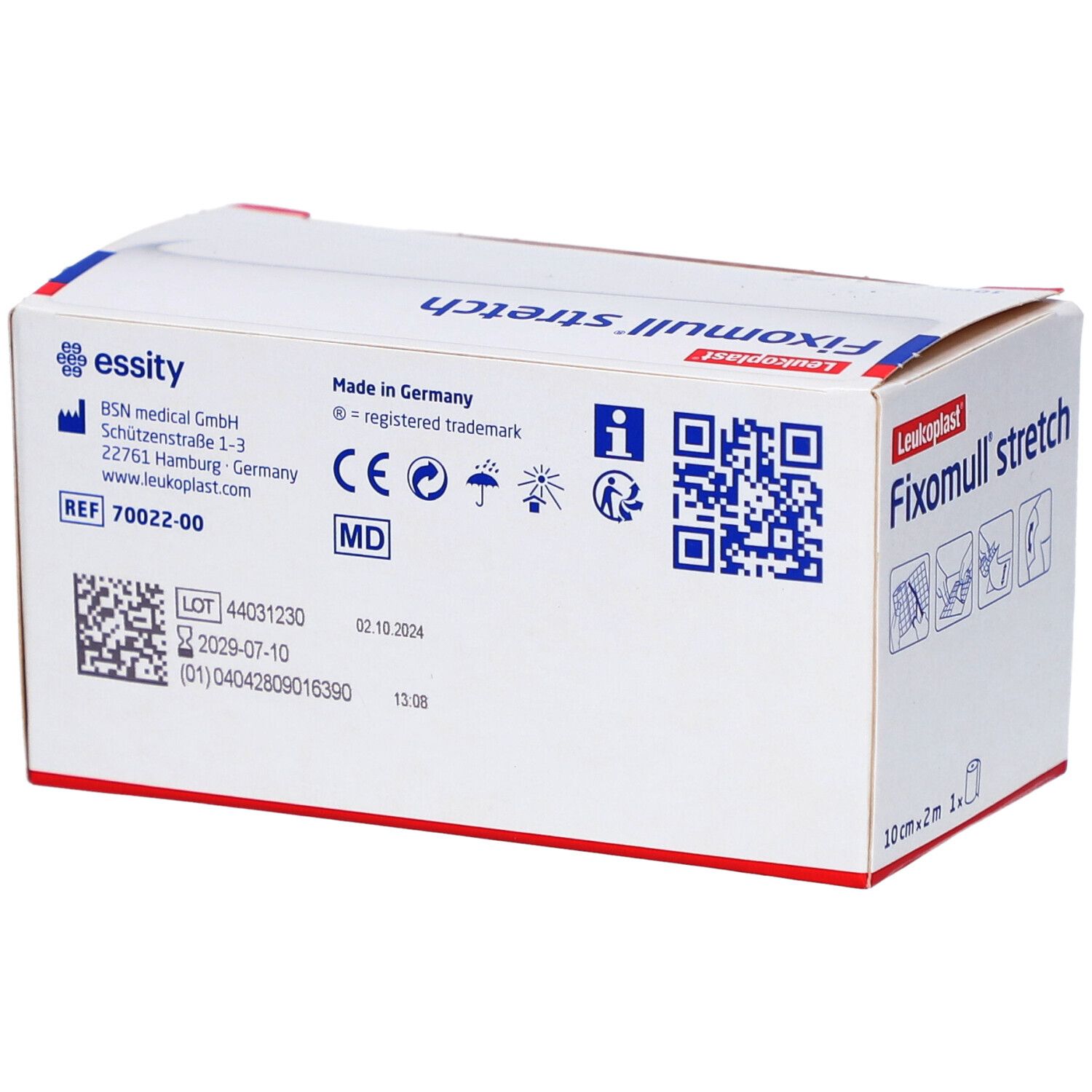 Rückseite der Fixomull stretch Fixierpflaster-Verpackung mit Herstellerangaben und CE-Kennzeichnung.