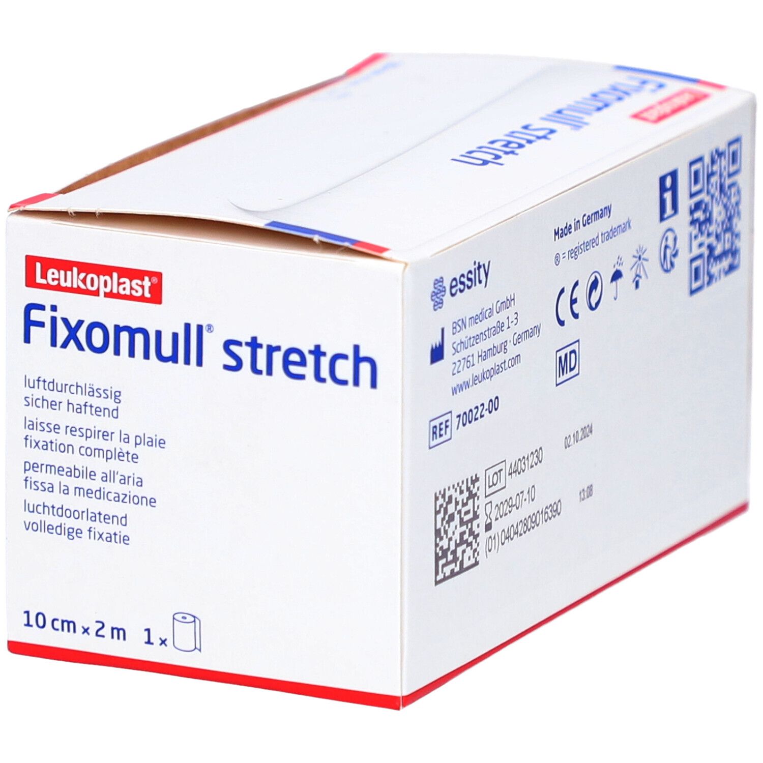 Fixomull stretch Fixierpflasterrolle, 10 cm x 2 m, mit deutschen und französischen Anwendungshinweisen.
