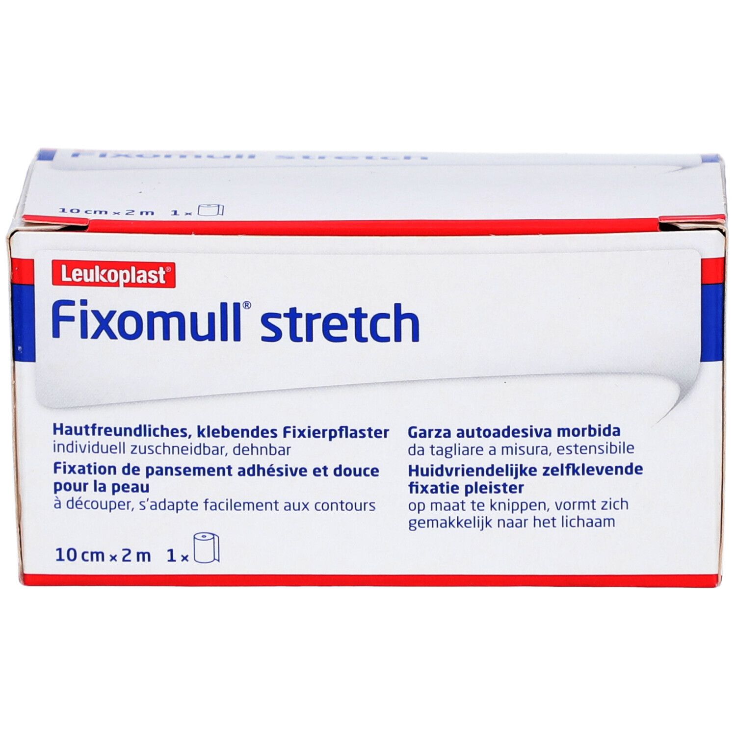 Fixomull stretch Fixierpflasterrolle, 10 cm x 2 m, mit deutschen und italienischen Anwendungshinweisen.