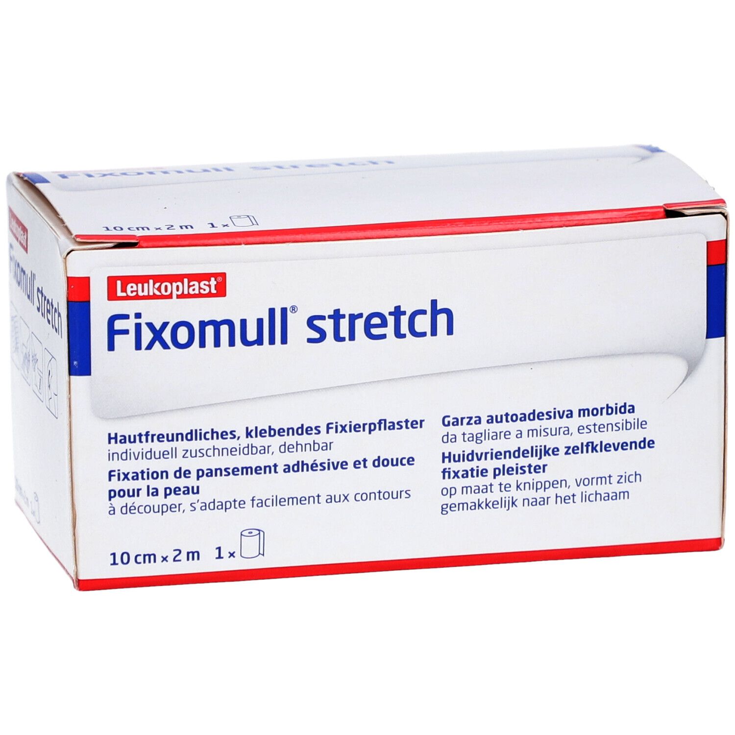 Fixomull stretch Fixierpflasterrolle, 10 cm x 2 m, mit deutschen und niederländischen Anwendungshinweisen.