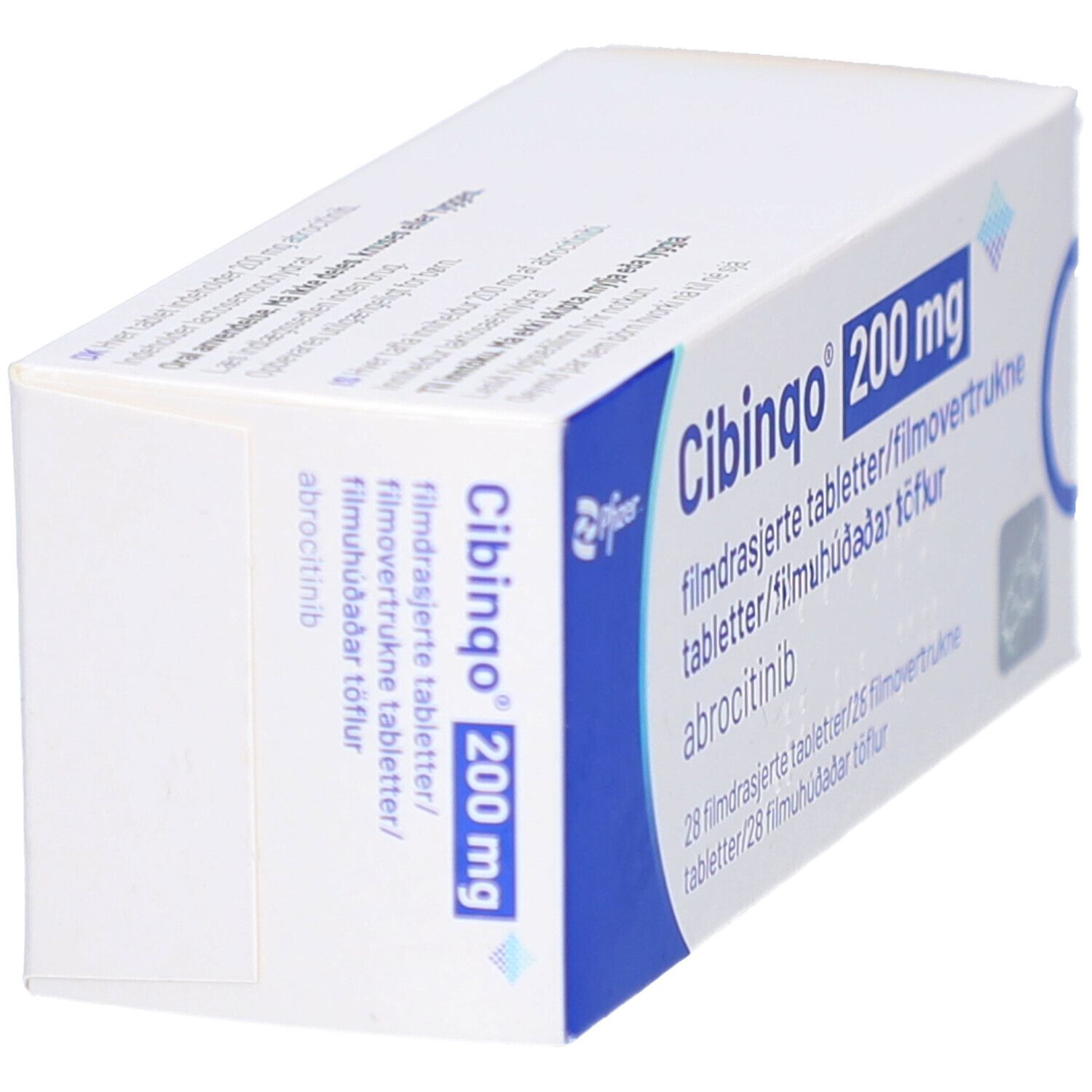 Schachtel mit CIBINQO 200 mg Filmtabletten. Blaue und weiße Verpackung. Aufschrift: CIBINQO 200 mg, Pfizer.
