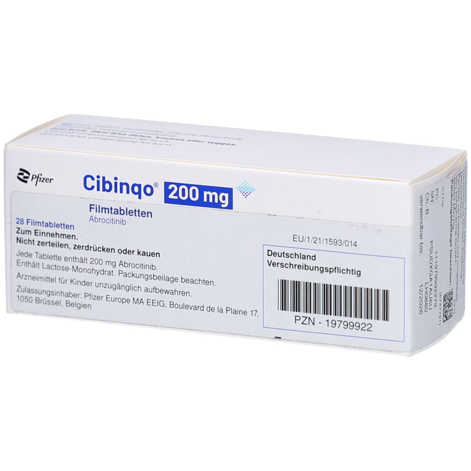 CIBINQO 200 mg Filmtabletten-Schachtel. Weiße Schachtel mit blauen Akzenten. Aufschrift: CIBINQO 200 mg, Pfizer, 28 Filmtabletten.