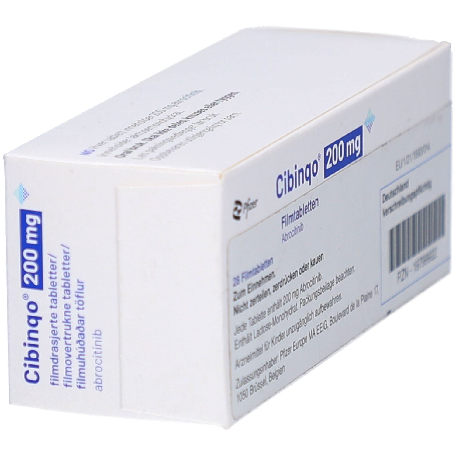 CIBINQO 200 mg Filmtabletten-Schachtel. Weiße Schachtel mit blauen Akzenten. Aufschrift: CIBINQO 200 mg, Pfizer.