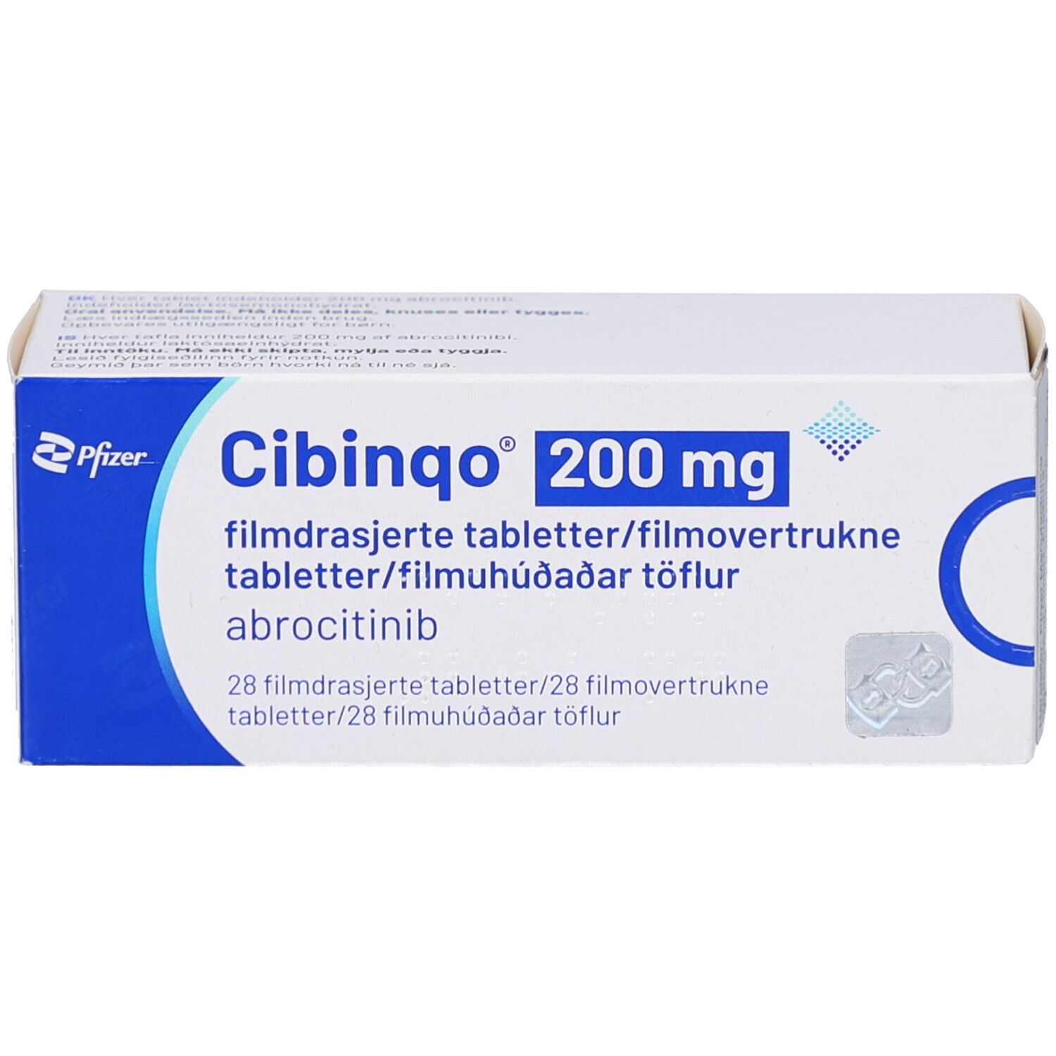 CIBINQO 200 mg Filmtabletten-Schachtel. Weiße Schachtel mit blauen Akzenten. Aufschrift: CIBINQO 200 mg, Pfizer, 28 Filmtabletten.
