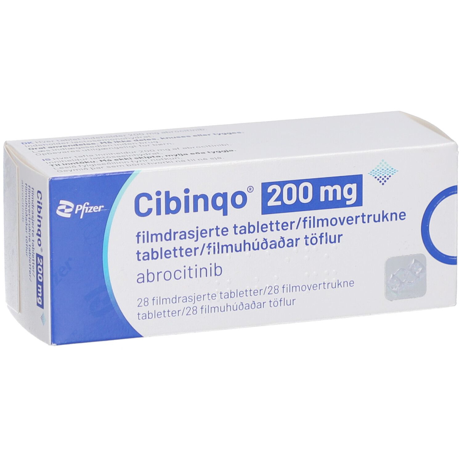 CIBINQO 200 mg Filmtabletten-Schachtel. Weiße Schachtel mit blauen Akzenten. Aufschrift: CIBINQO 200 mg, Pfizer, 28 Filmtabletten.