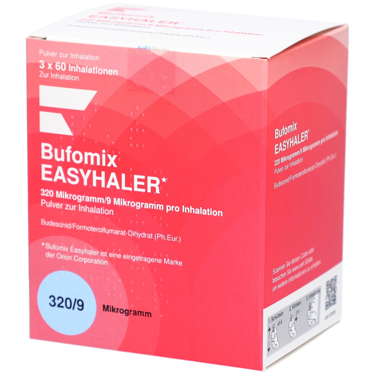 Rote Faltschachtel mit weißer Schrift. Aufschrift: BUFOMIX EASYHALER 320/9 Mikrogramm. 3 x 60 Inhalationen.