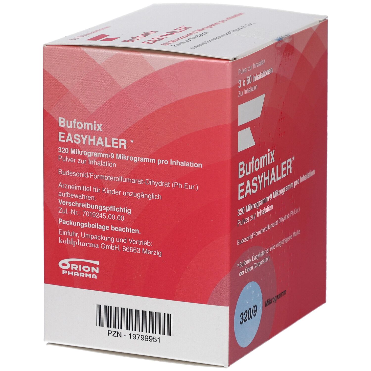 Rote Faltschachtel mit weißer Schrift. Aufschrift: BUFOMIX EASYHALER 320/9 Mikrogramm. Enthält Informationen und Barcode.