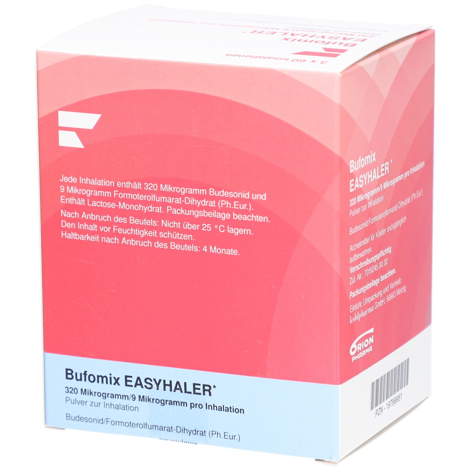 Rote Faltschachtel mit weißer Schrift. Aufschrift: BUFOMIX EASYHALER 320/9 Mikrogramm. Enthält Informationen und Inhaltsstoffe.