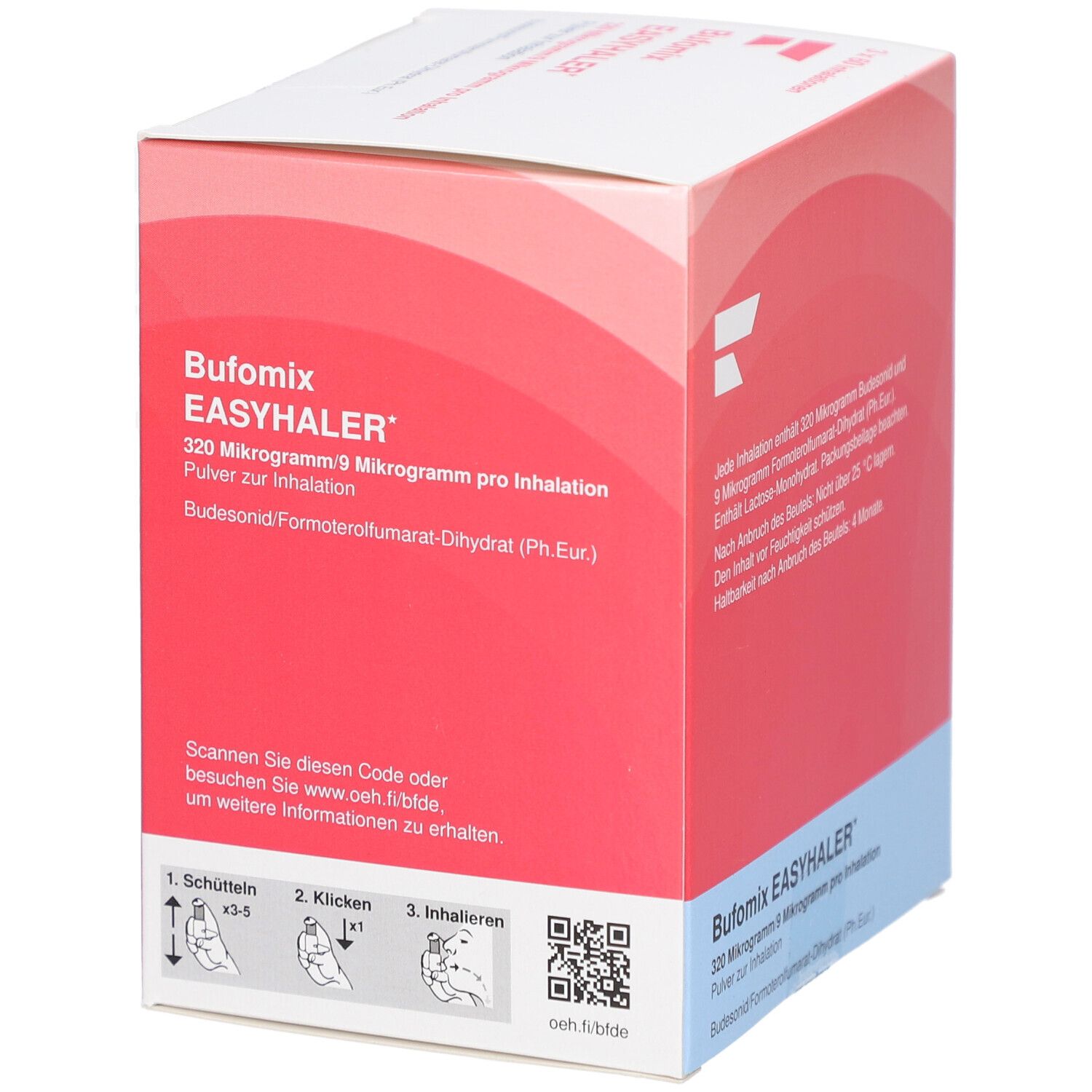 Rote Faltschachtel mit weißer Schrift. Aufschrift: BUFOMIX EASYHALER 320/9 Mikrogramm. Mit Anweisungen zur Anwendung.
