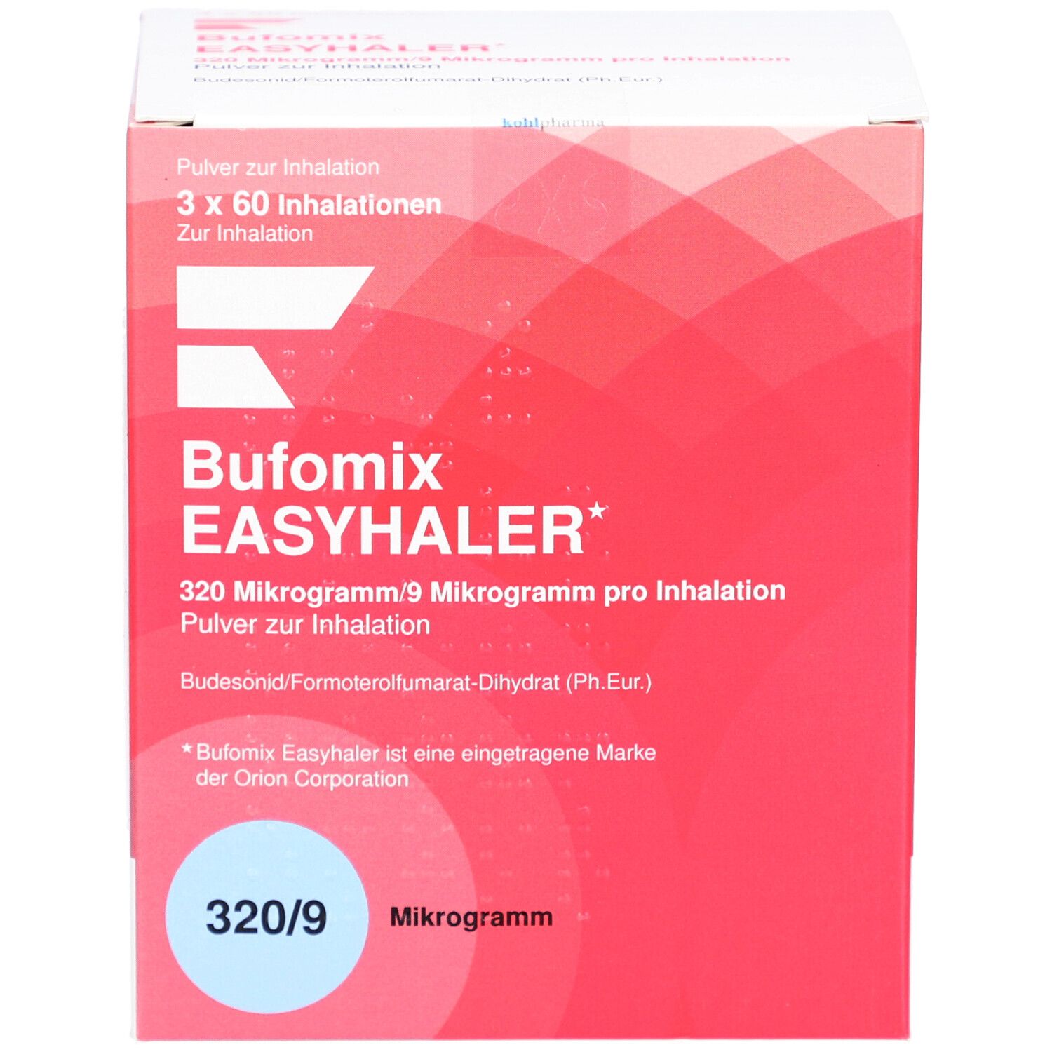 Rote Faltschachtel mit weißer Schrift. Aufschrift: BUFOMIX EASYHALER 320/9 Mikrogramm. 3 x 60 Inhalationen.