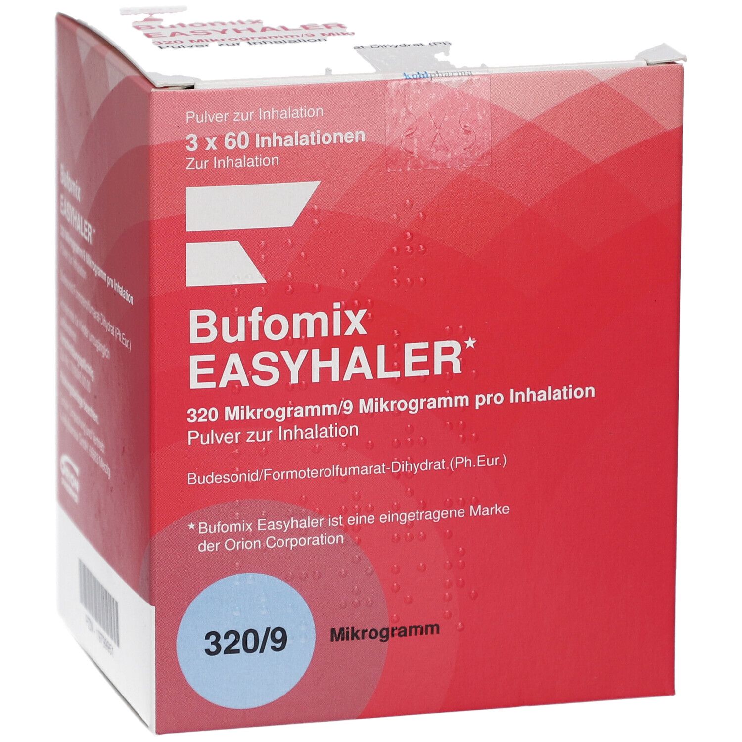 Rote Faltschachtel mit weißer Schrift. Aufschrift: BUFOMIX EASYHALER 320/9 Mikrogramm. 3 x 60 Inhalationen.
