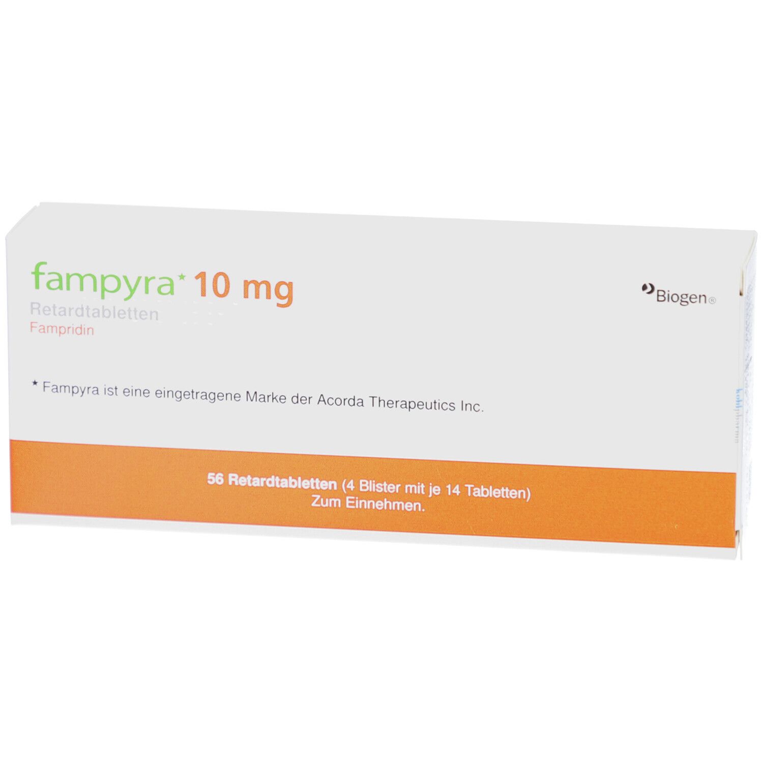 Schachtel mit "fampyra 10 mg". Orangefarbener Streifen mit Text. Biogen-Logo. 56 Retardtabletten.