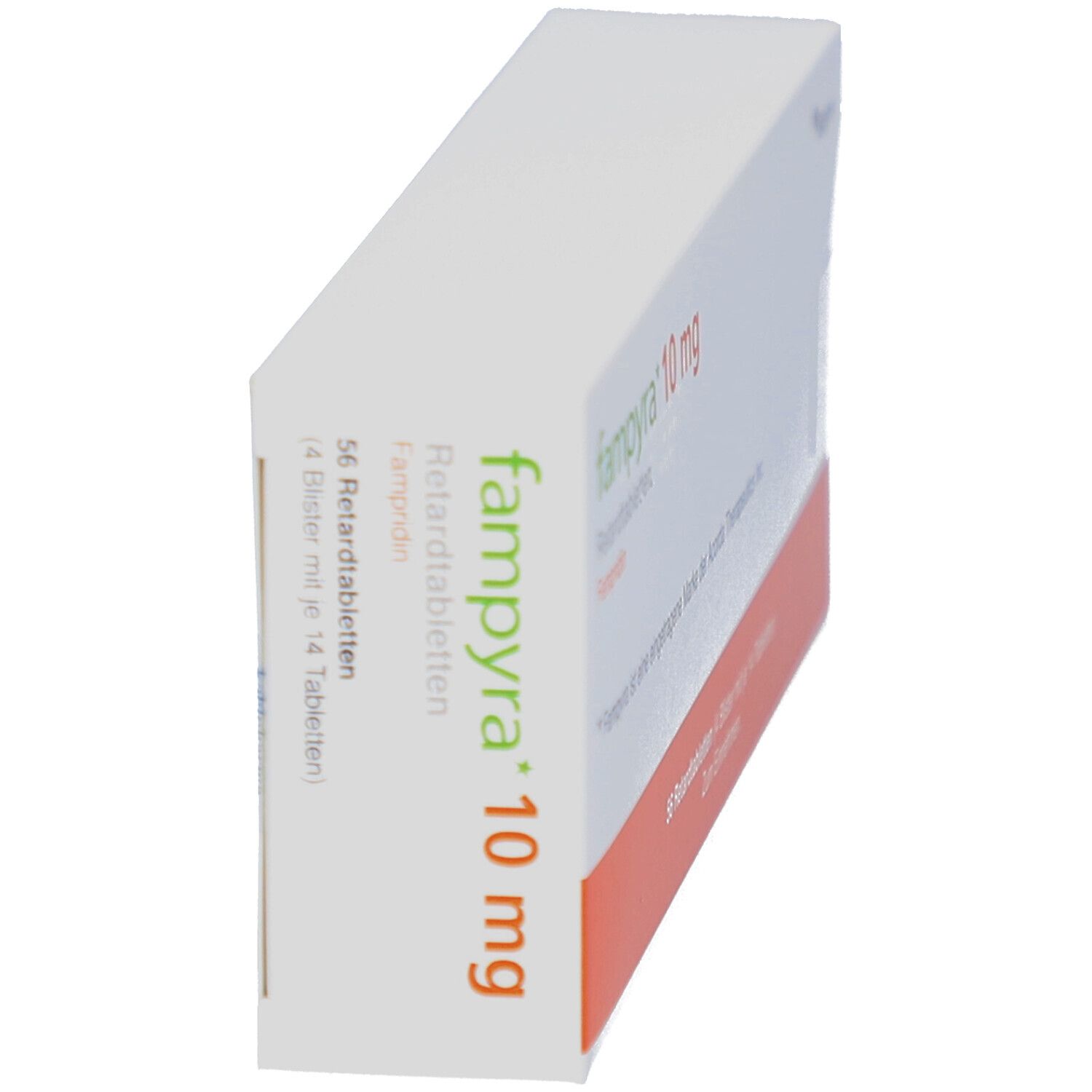 Schachtel "fampyra 10 mg". Weiß mit orangefarbenem Streifen. Text auf der Seite. Biogen-Logo.