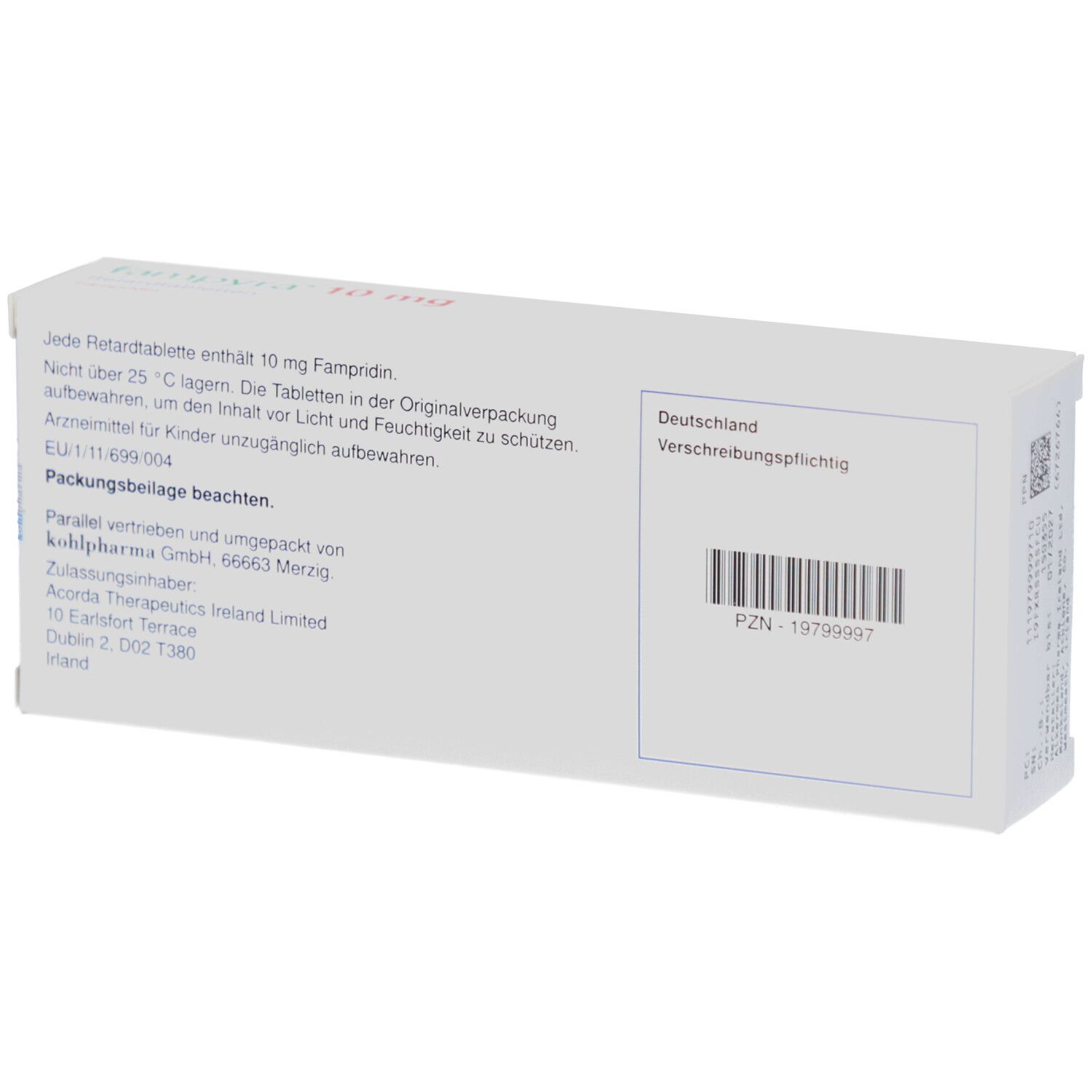 Rückseite der Schachtel. Text, Barcode und PZN-Nummer. Herstellerinformationen. Verschreibungspflichtig.