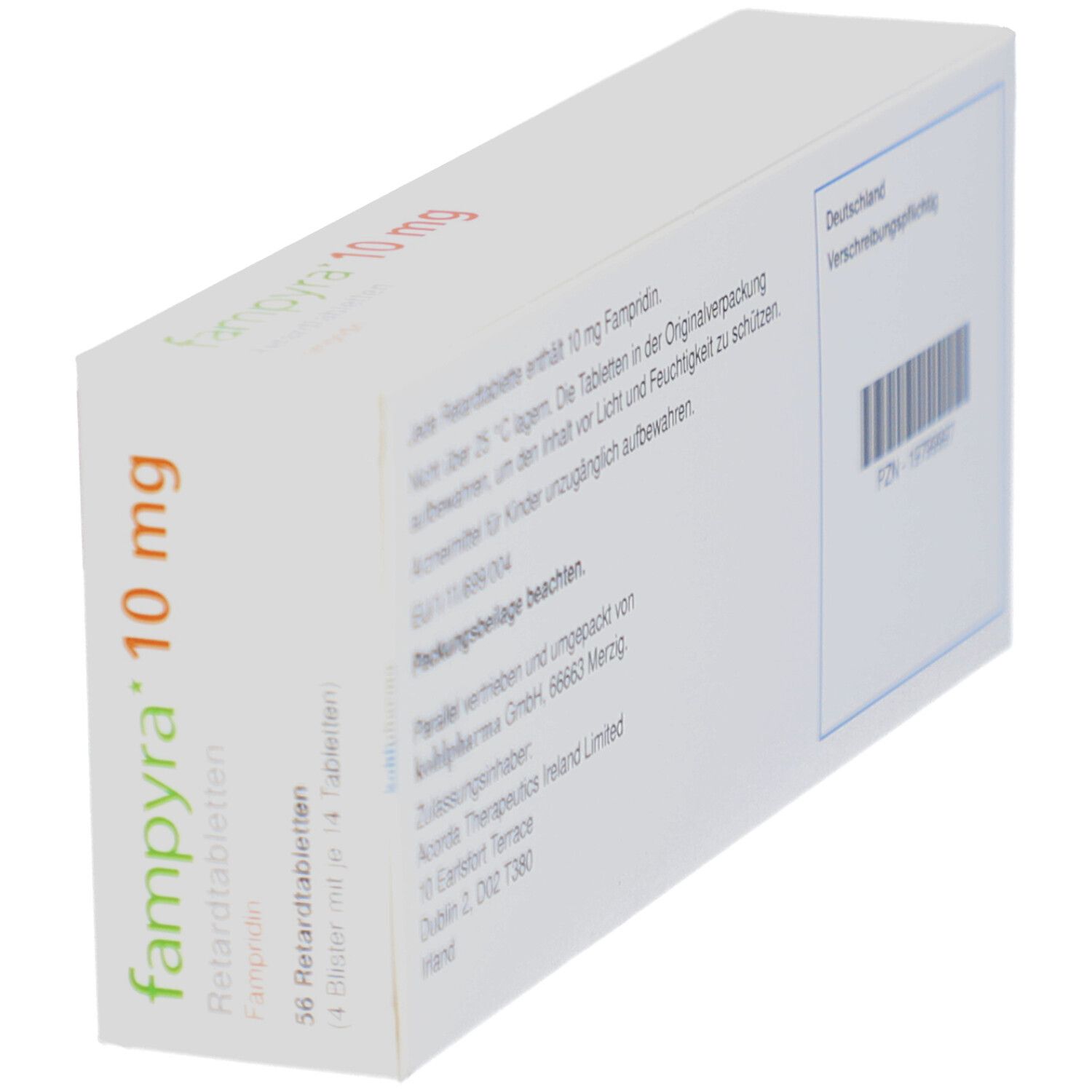 Schachtel "fampyra 10 mg". Seitenansicht. Text, Barcode. Herstellerinformationen. Verschreibungspflichtig.