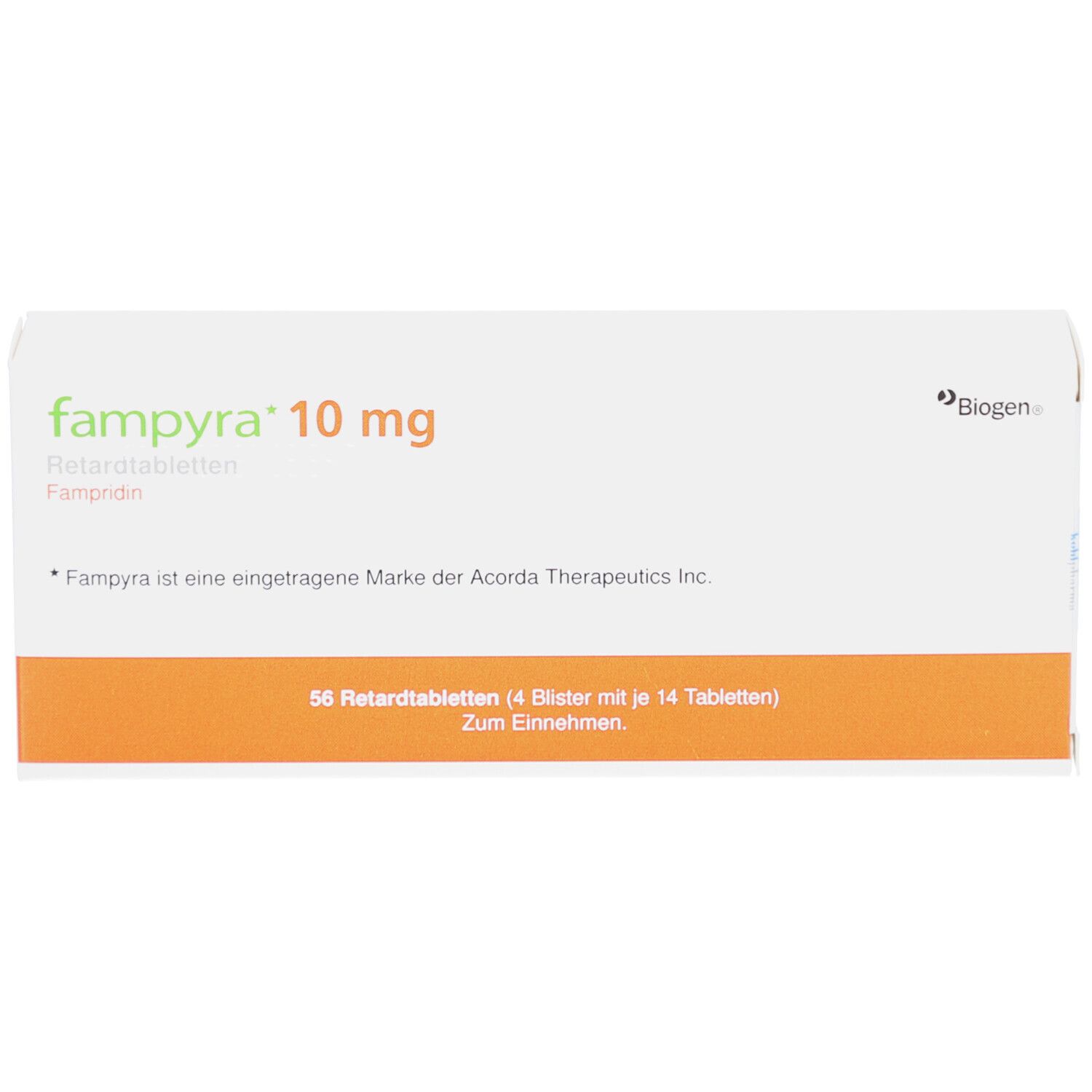 Schachtel "fampyra 10 mg". Orangefarbener Streifen mit Text. Biogen-Logo. 56 Retardtabletten.