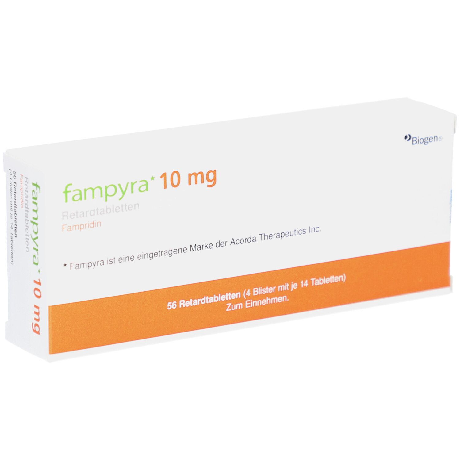 Schachtel "fampyra 10 mg". Orangefarbener Streifen mit Text. Biogen-Logo. 56 Retardtabletten.