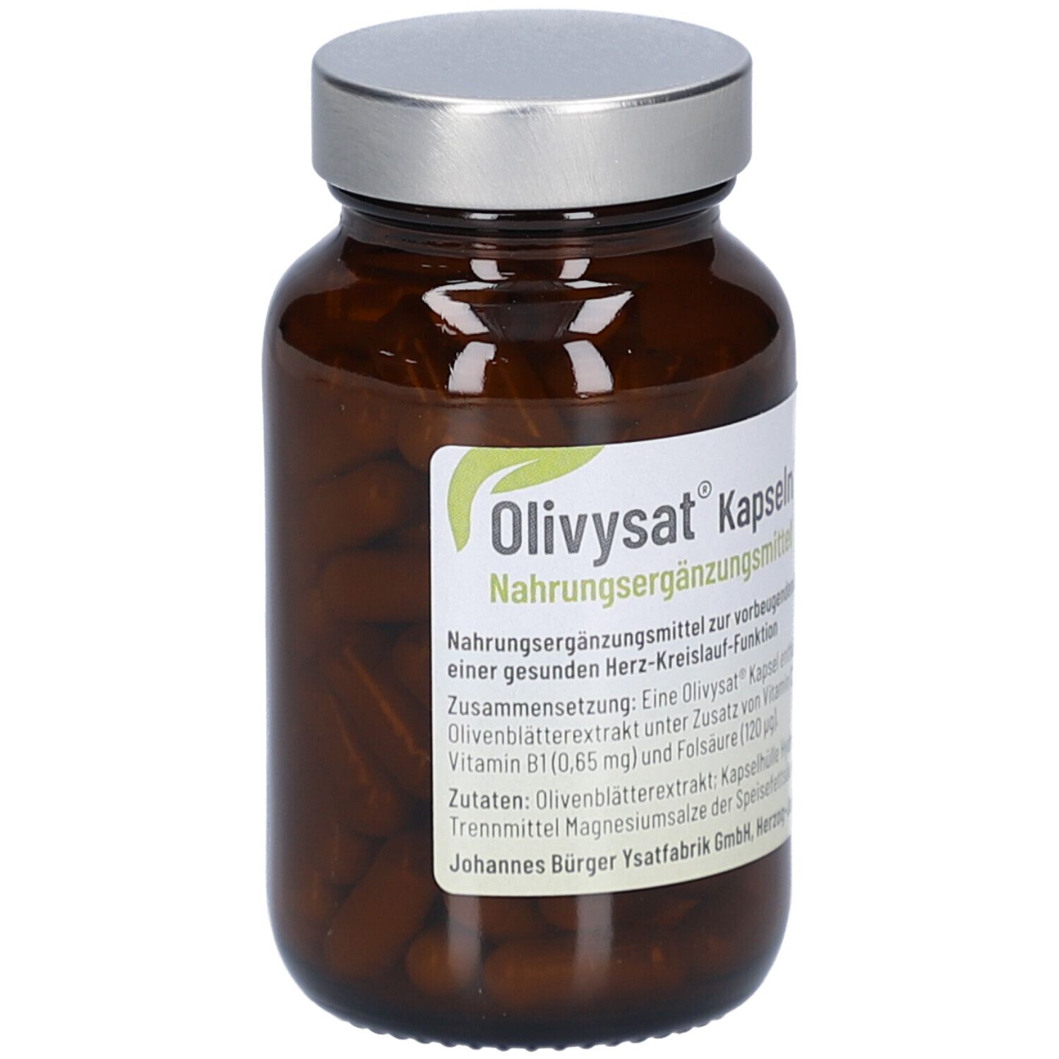 Braune Glasflasche mit silbernem Deckel. Etikett mit Produktname, Informationen und Logo.