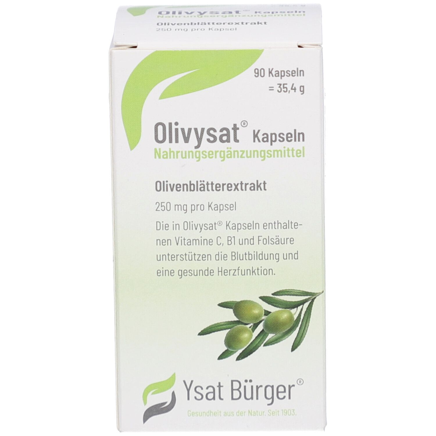 Weiße Schachtel mit Produktname, Informationen, Olivenzweig-Illustration und Logo.