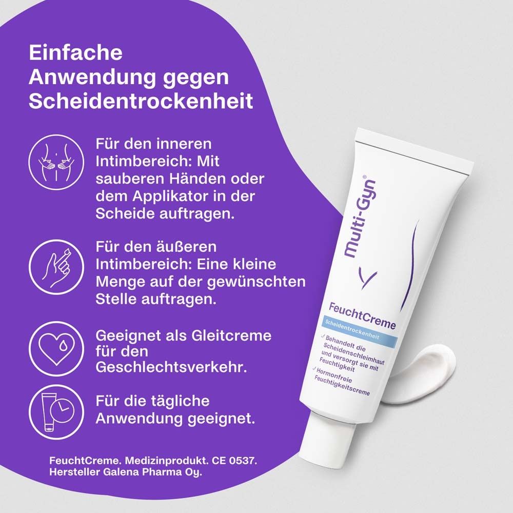 Multi-Gyn FeuchtCreme. Anwendung bei Scheidentrockenheit. Mit Applikator oder Fingern. Geeignet für Geschlechtsverkehr.