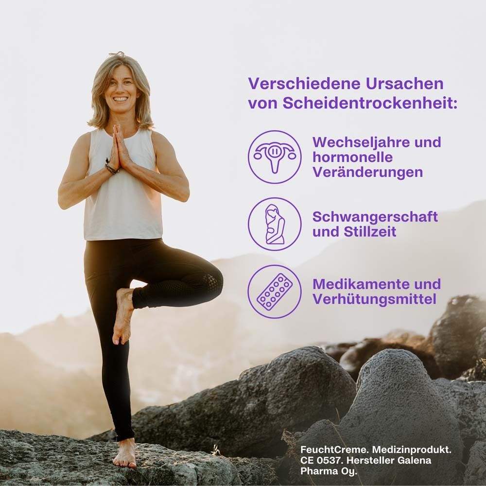 Multi-Gyn FeuchtCreme. Ursachen von Scheidentrockenheit: Wechseljahre, Schwangerschaft, Medikamente. Frau im Hintergrund.