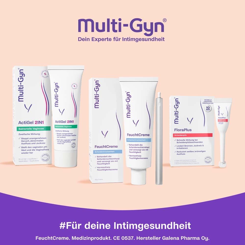 Multi-Gyn Produkte: ActiGel, FeuchtCreme, FloralPlus. Verpackungen und Tuben. #Für deine Intimgesundheit.