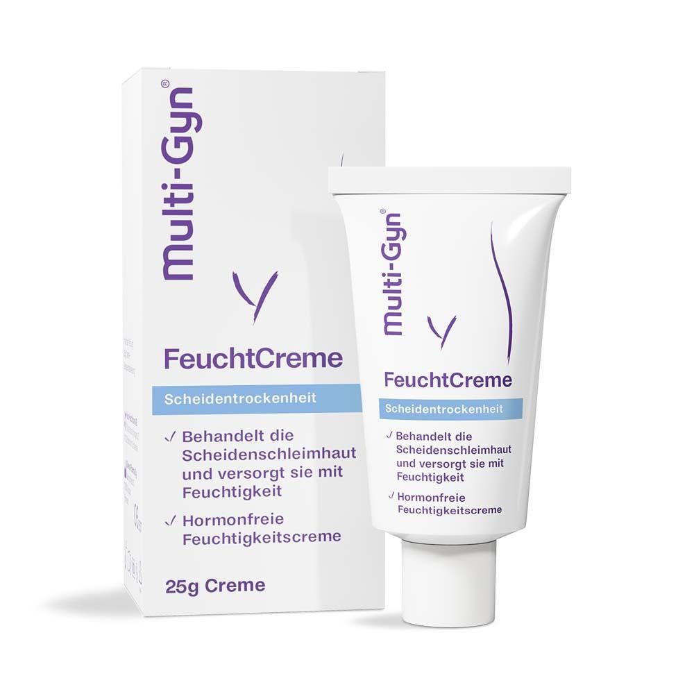 Multi-Gyn FeuchtCreme und Verpackung. Weißes Produkt, blaue Schrift. 25g Creme. Hormonfrei.